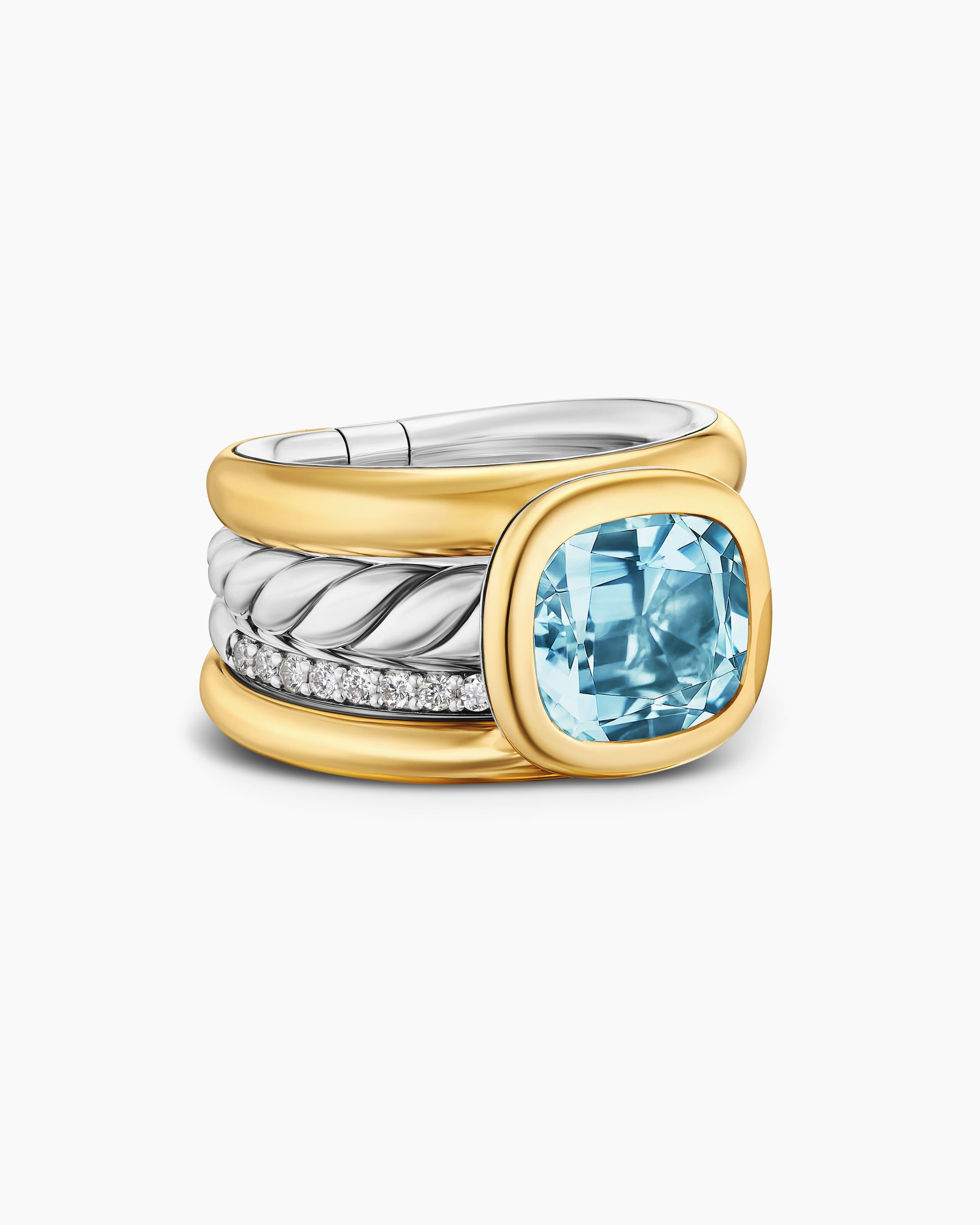 DY Mercer Color Four Row Stone Ring in Sterling Silver with 18K Yellow Gold, Sky Blue Topaz and Diamonds, 14mm