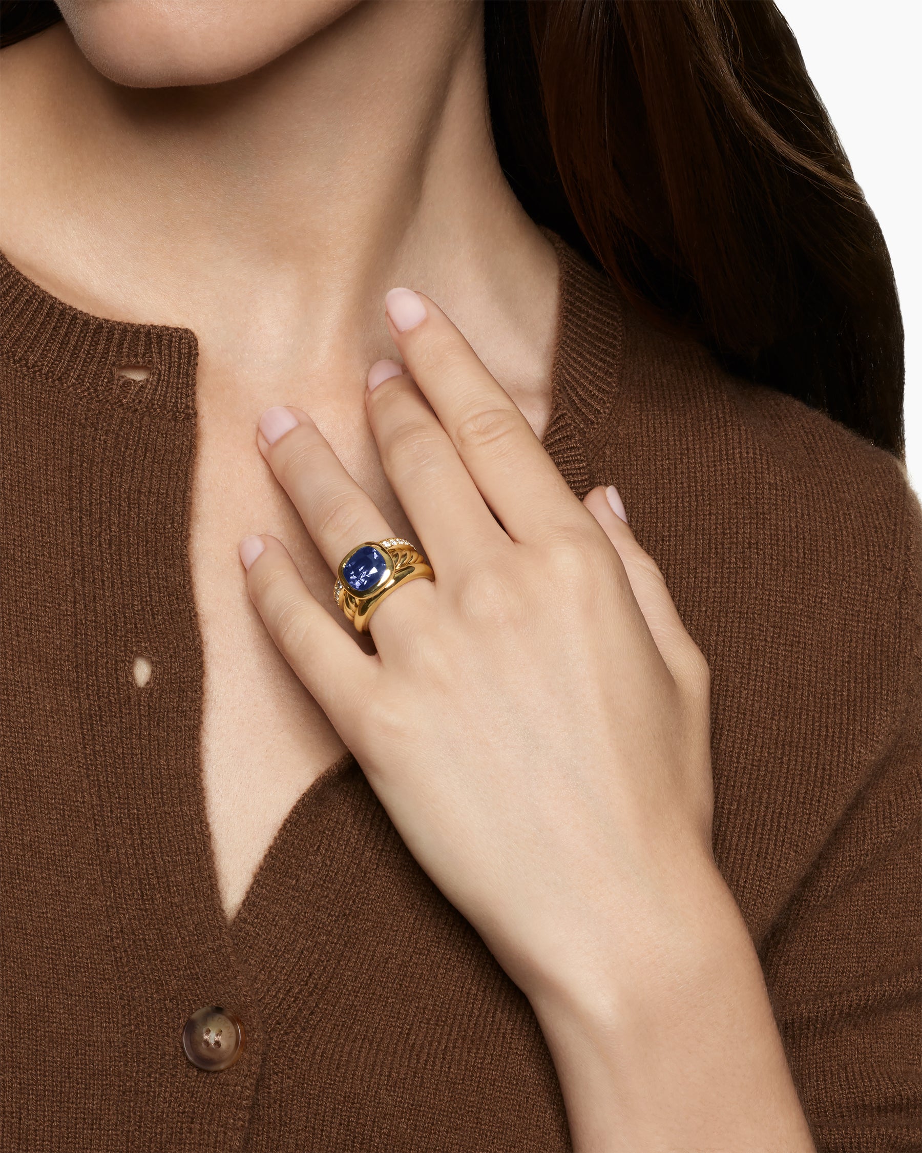 Alternative view of DY Mercer Color Three Row Stone Ring in 18K Yellow Gold with Iolite and Diamonds, 12mm