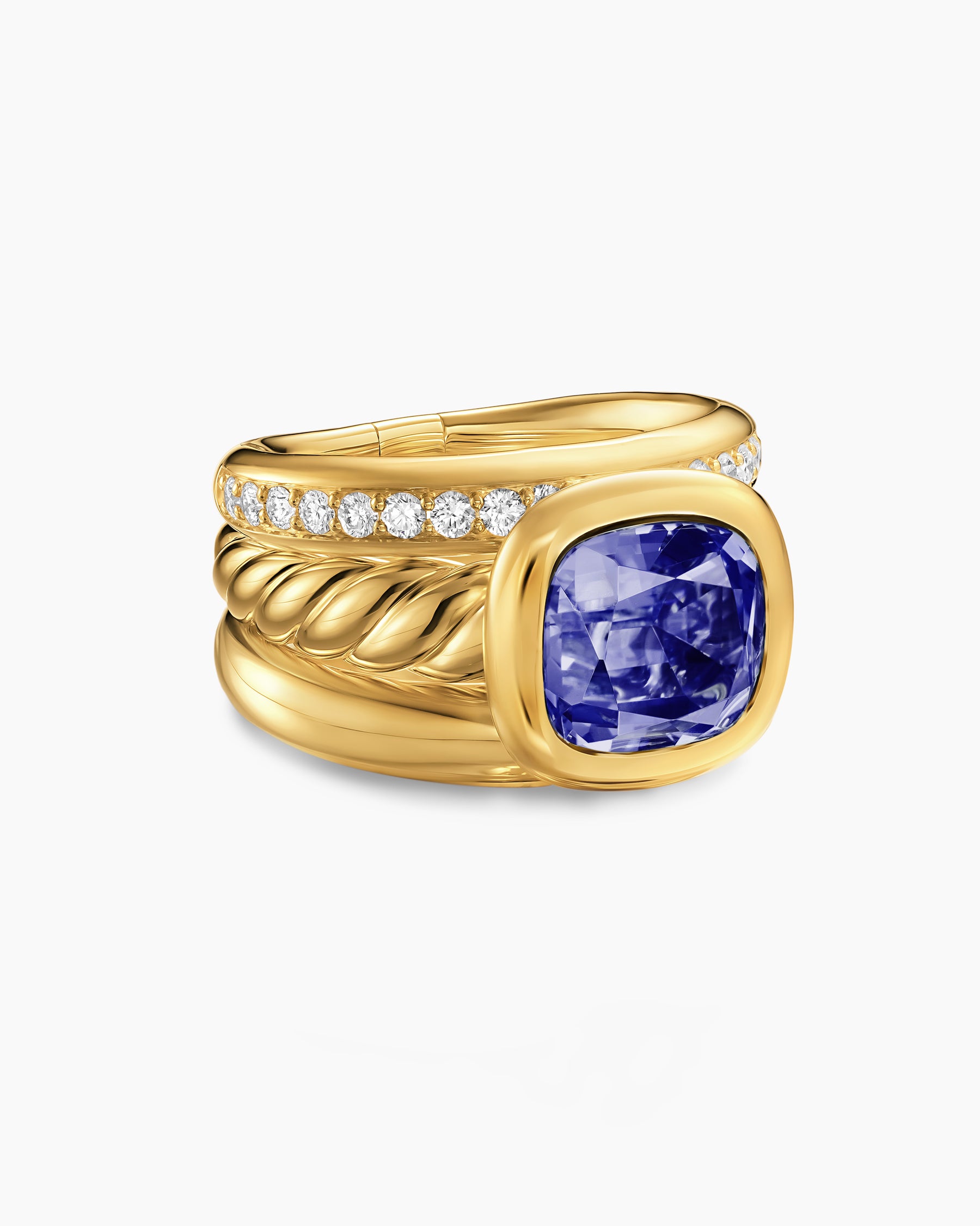DY Mercer Color Three Row Stone Ring in 18K Yellow Gold with Iolite and Diamonds, 12mm