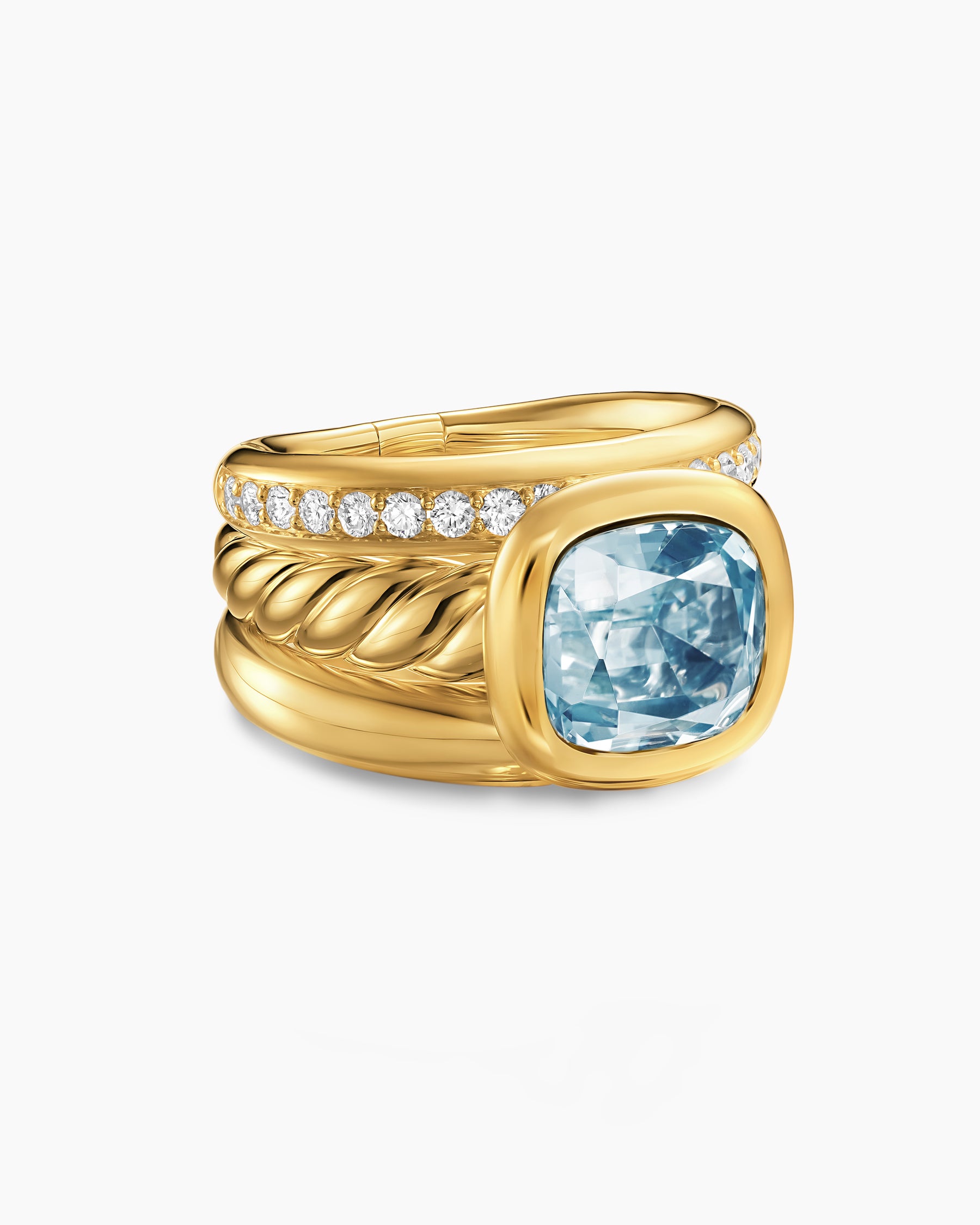 DY Mercer Color Three Row Stone Ring in 18K Yellow Gold with Sky Blue Topaz and Diamonds, 12mm