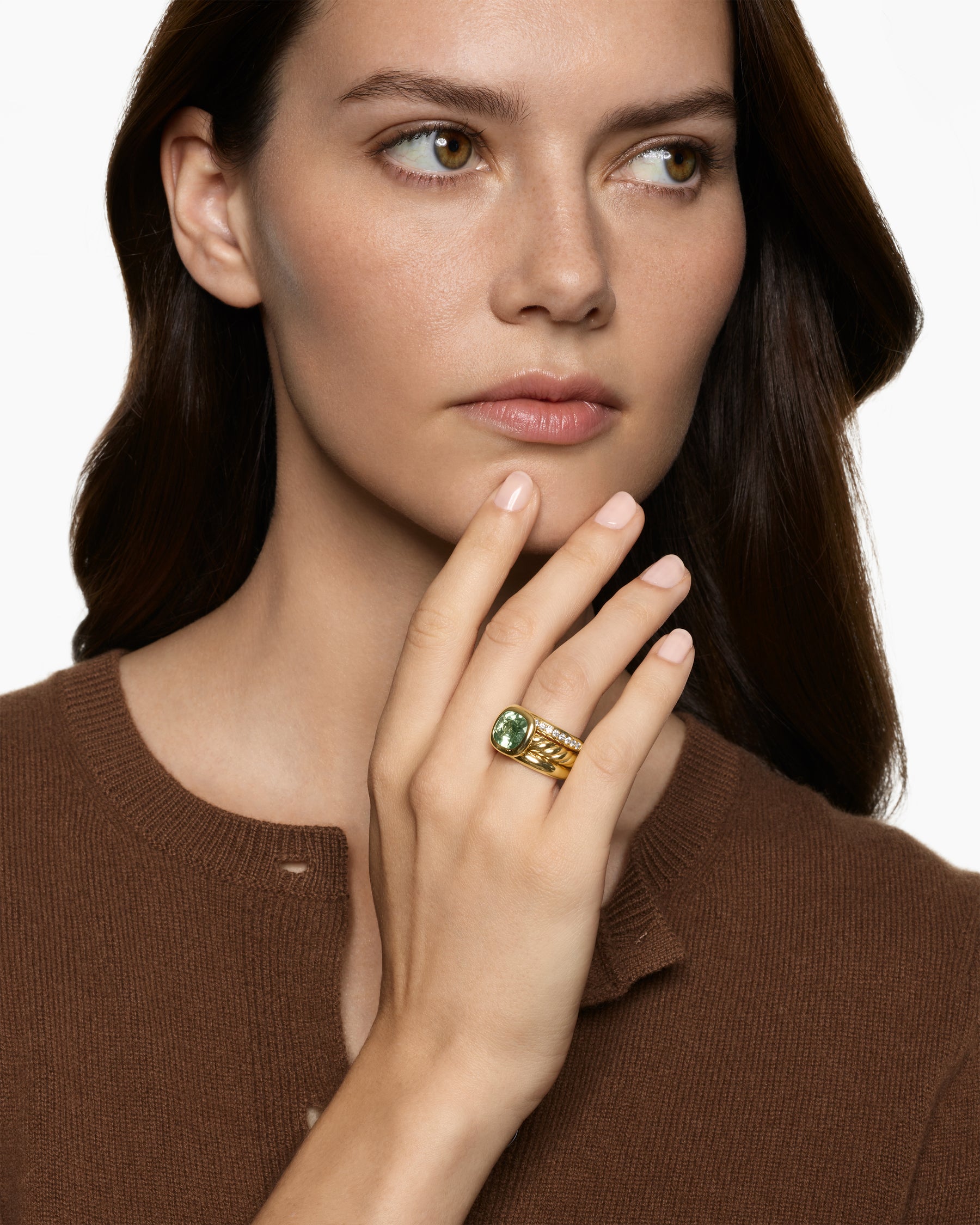 Alternative view of DY Mercer Color Three Row Stone Ring in 18K Yellow Gold with Prasiolite and Diamonds, 12mm