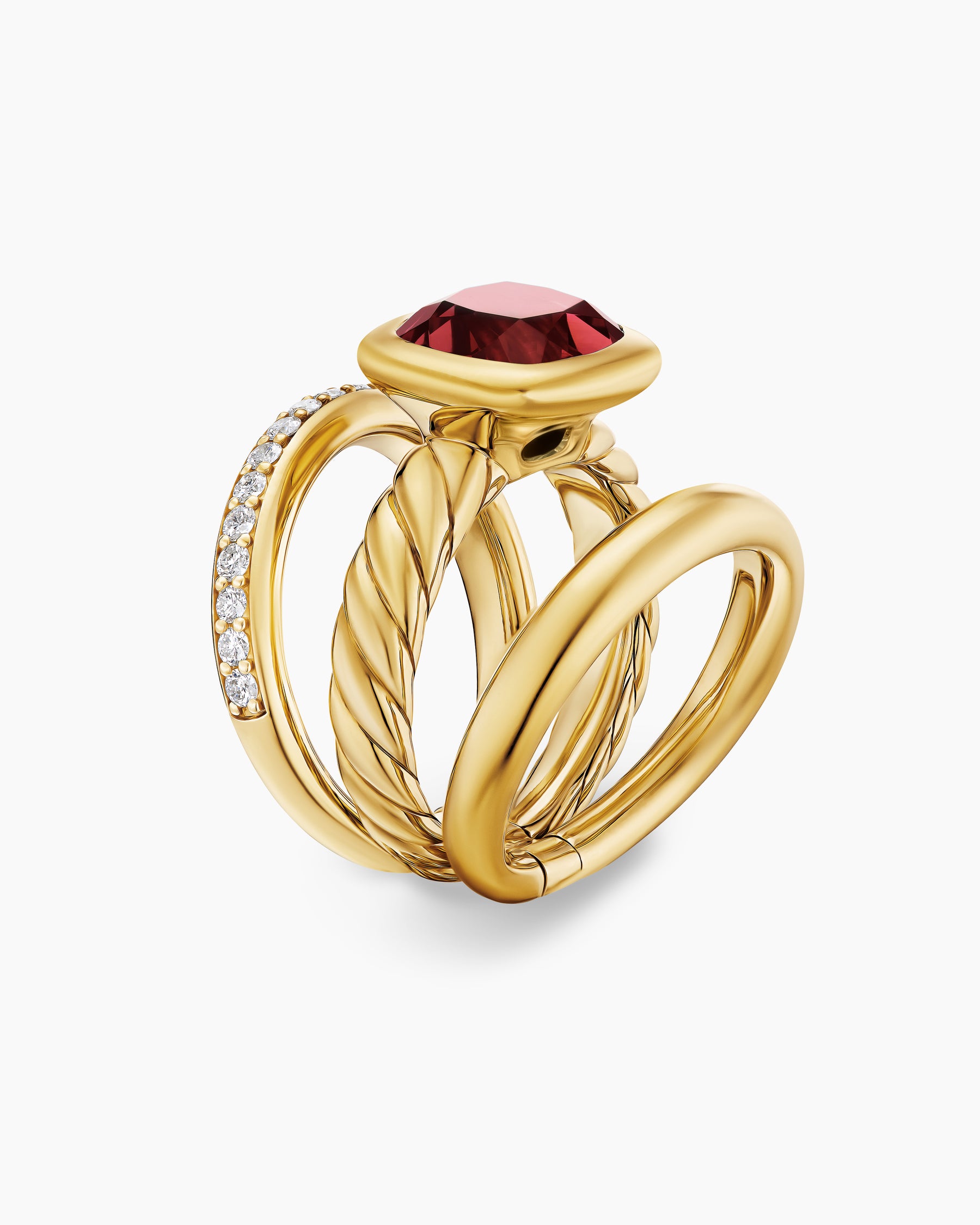 Alternative view of DY Mercer Color Three Row Stone Ring in 18K Yellow Gold with Rhodolite Garnet and Diamonds, 12mm