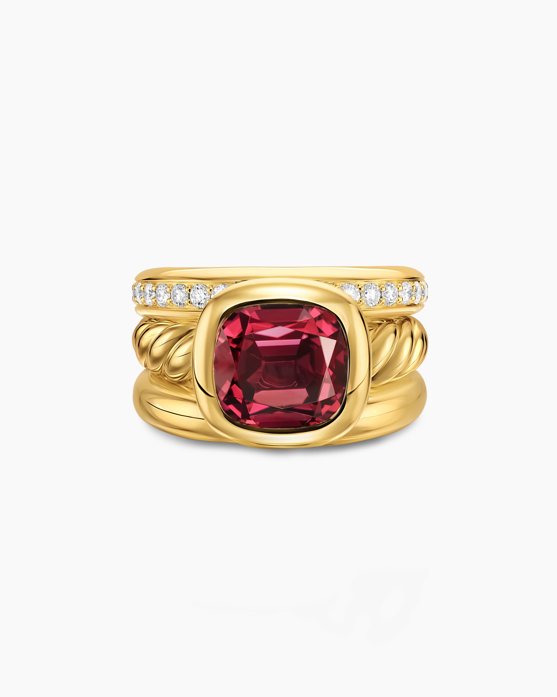 DY Mercer Color Three Row Stone Ring in 18K Yellow Gold with Rhodolite Garnet and Diamonds, 12mm - Image 3