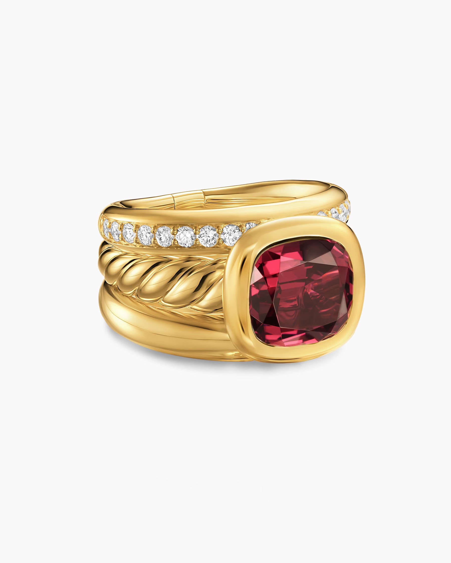 DY Mercer Color Three Row Stone Ring in 18K Yellow Gold with Rhodolite Garnet and Diamonds, 12mm