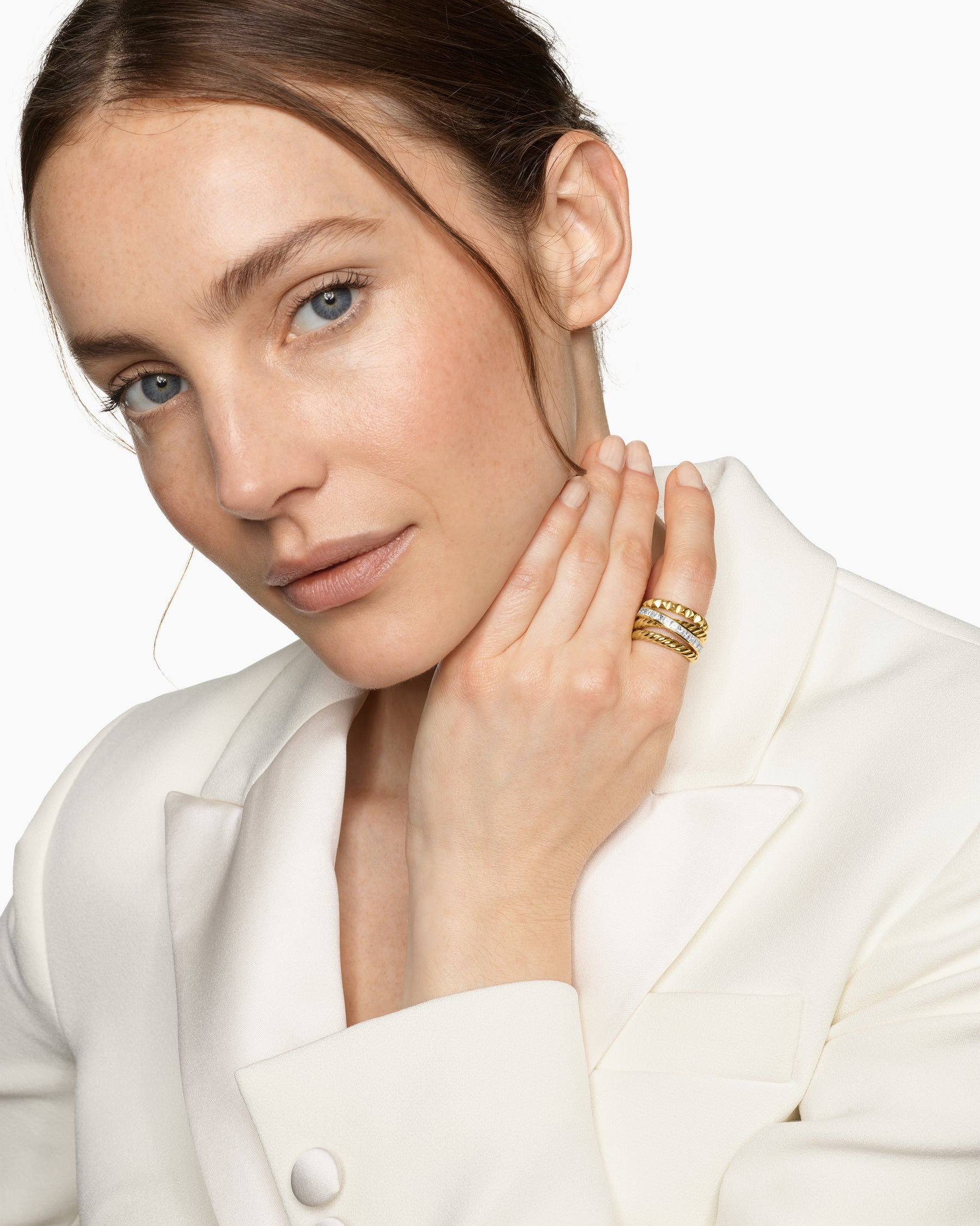 Alternative view of Crossover Trio Four Row Ring in 18K Yellow Gold with Diamonds, 15mm