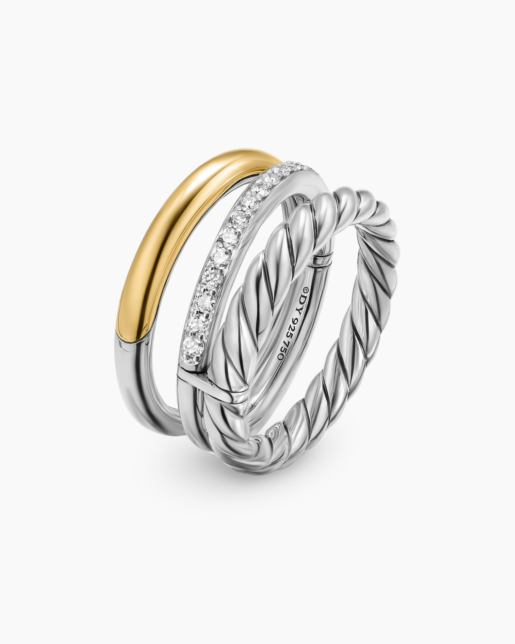 DY Mercer Three Row Ring in Sterling Silver with 18K Yellow Gold and Diamonds, 8.9mm - Image 3