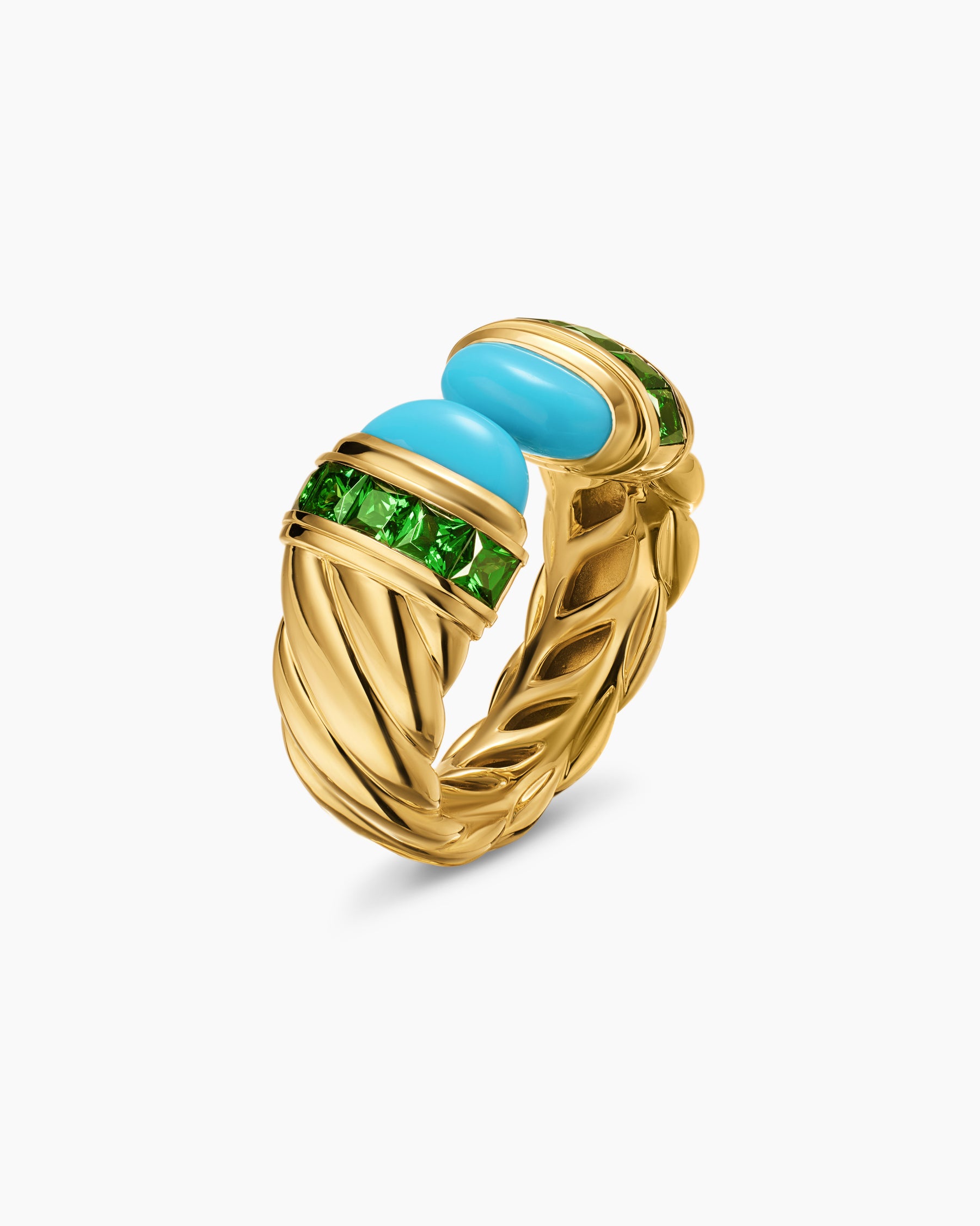 Sculpted Cable Open Cocktail Ring in 18K Yellow Gold with Turquoise and Tsavorites, 12.4mm - Image 3