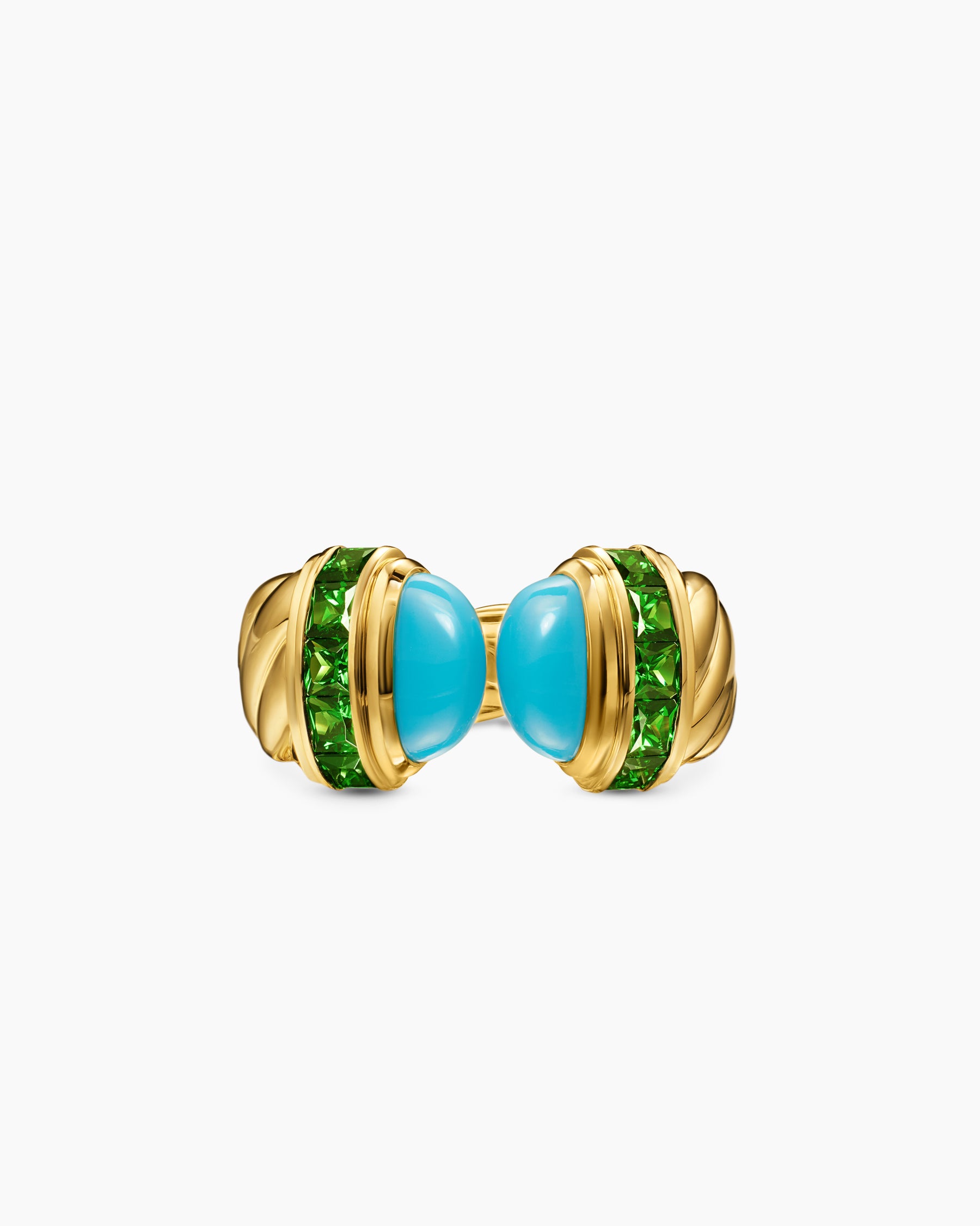 Sculpted Cable Open Cocktail Ring in 18K Yellow Gold with Turquoise and Tsavorites, 12.4mm - Image 4