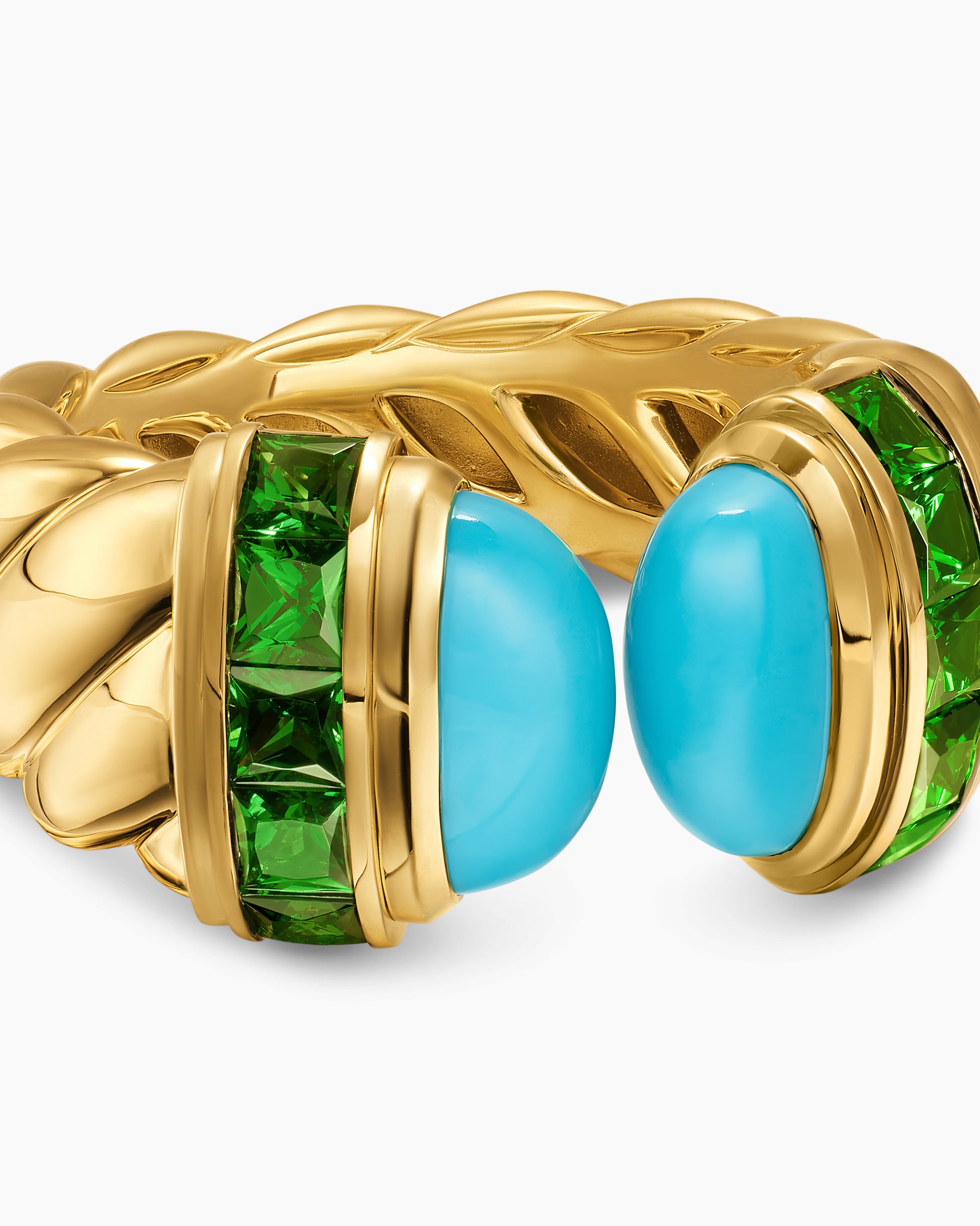 Sculpted Cable Open Cocktail Ring in 18K Yellow Gold with Turquoise and Tsavorites, 12.4mm - Image 5