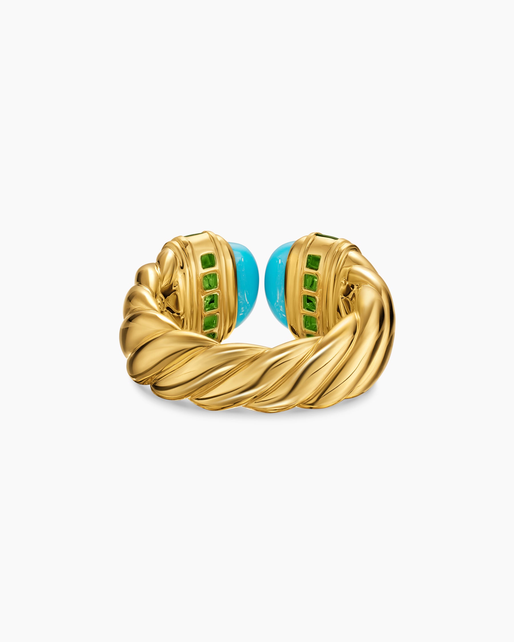 Sculpted Cable Open Cocktail Ring in 18K Yellow Gold with Turquoise and Tsavorites, 12.4mm - Image 6