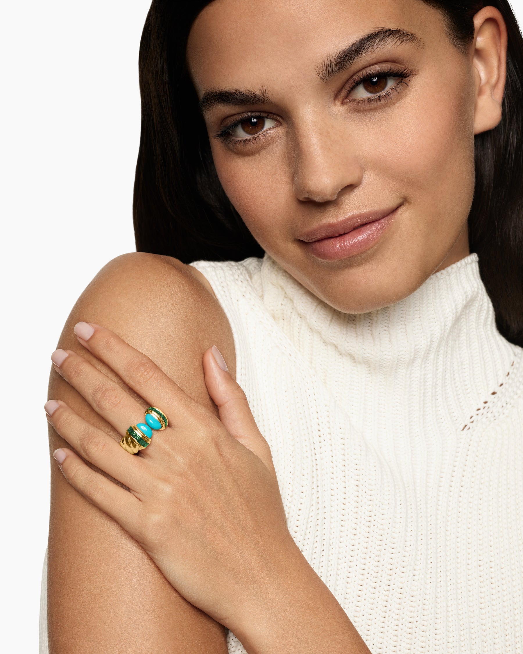 Alternative view of Sculpted Cable Open Cocktail Ring in 18K Yellow Gold with Turquoise and Tsavorites, 12.4mm