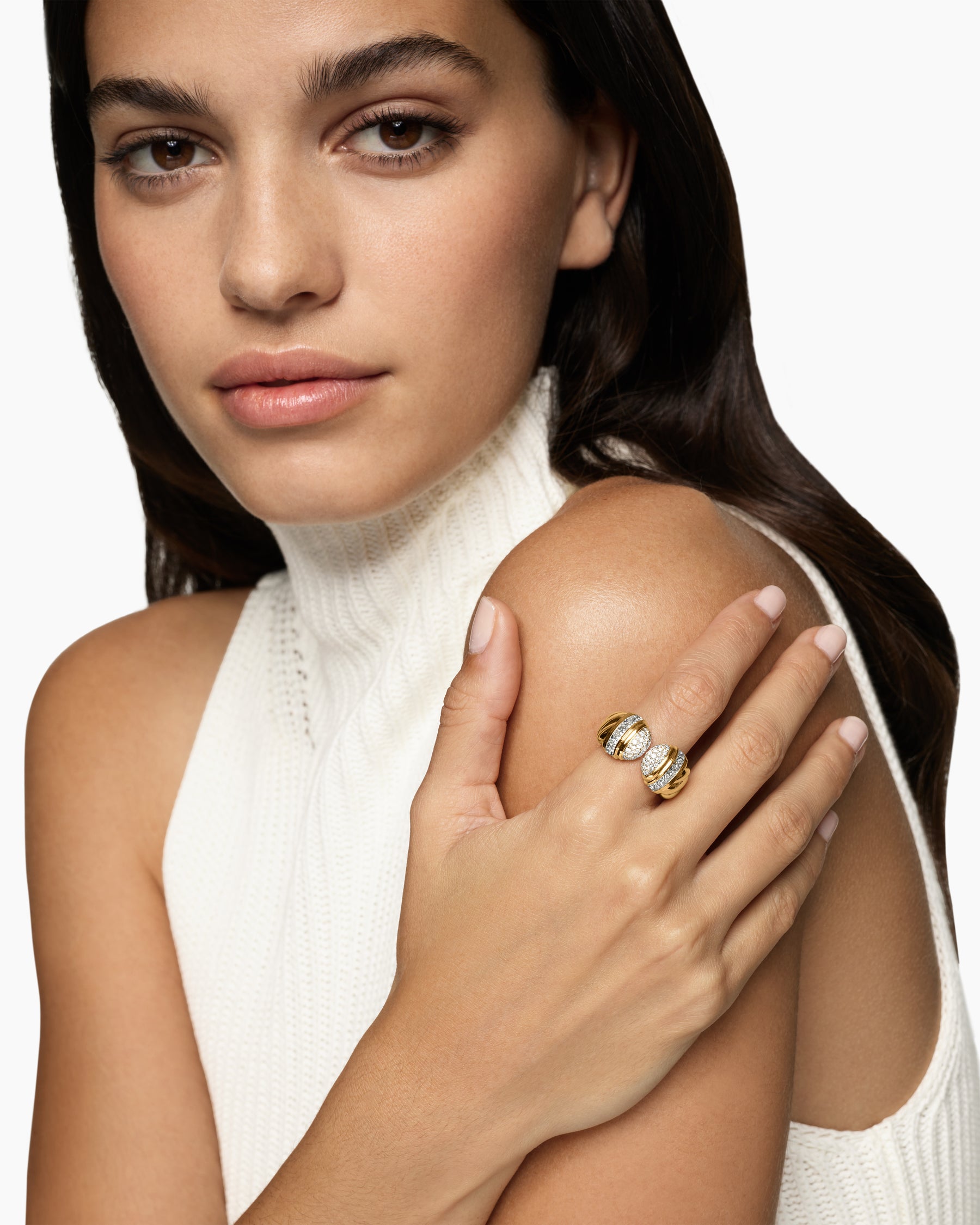 Alternative view of Sculpted Cable Open Cocktail Ring in 18K Yellow Gold with Diamonds, 12.4mm