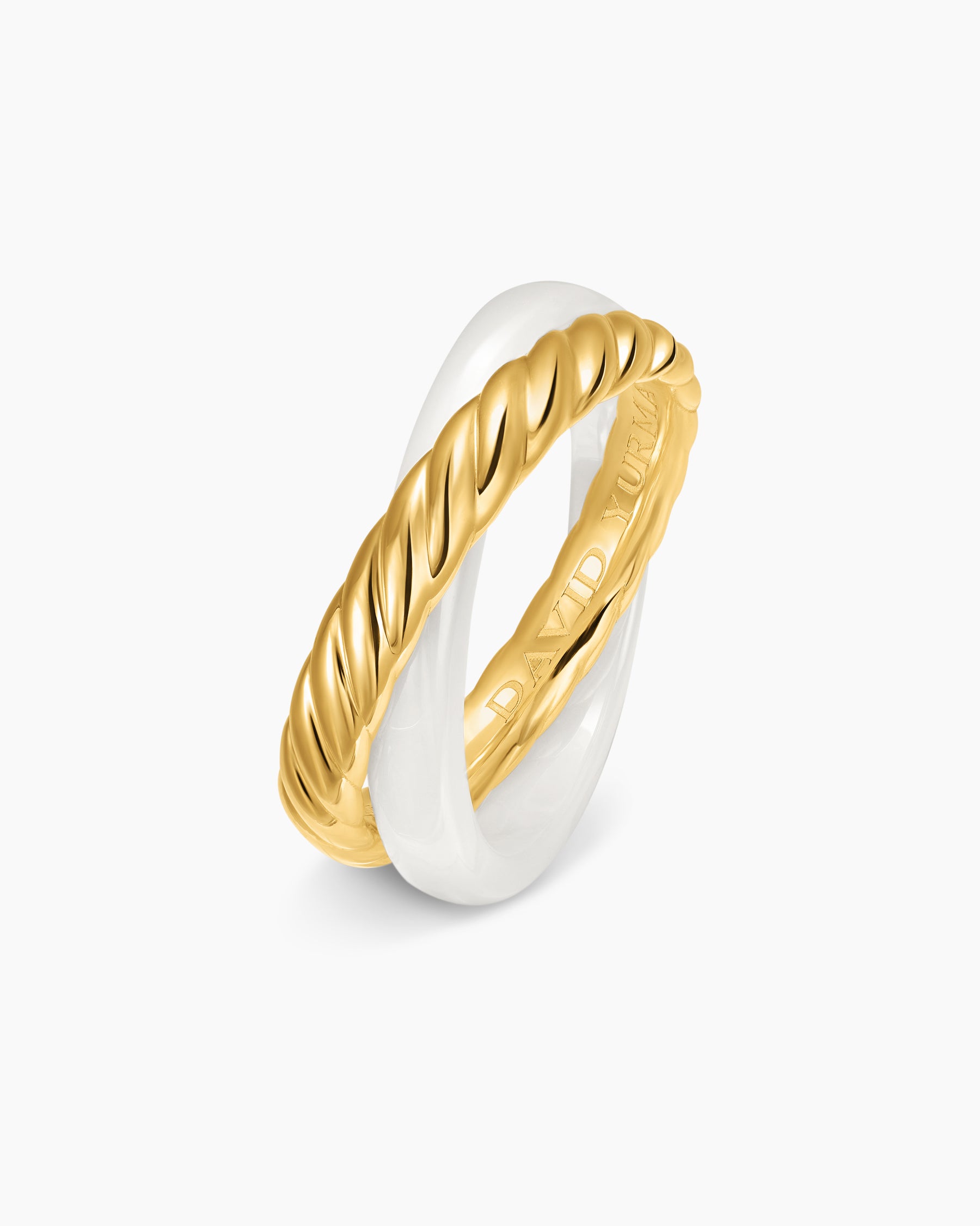Crossover Two Row Rotating Ring in 18K Yellow Gold with White Ceramic, 7mm - Image 3