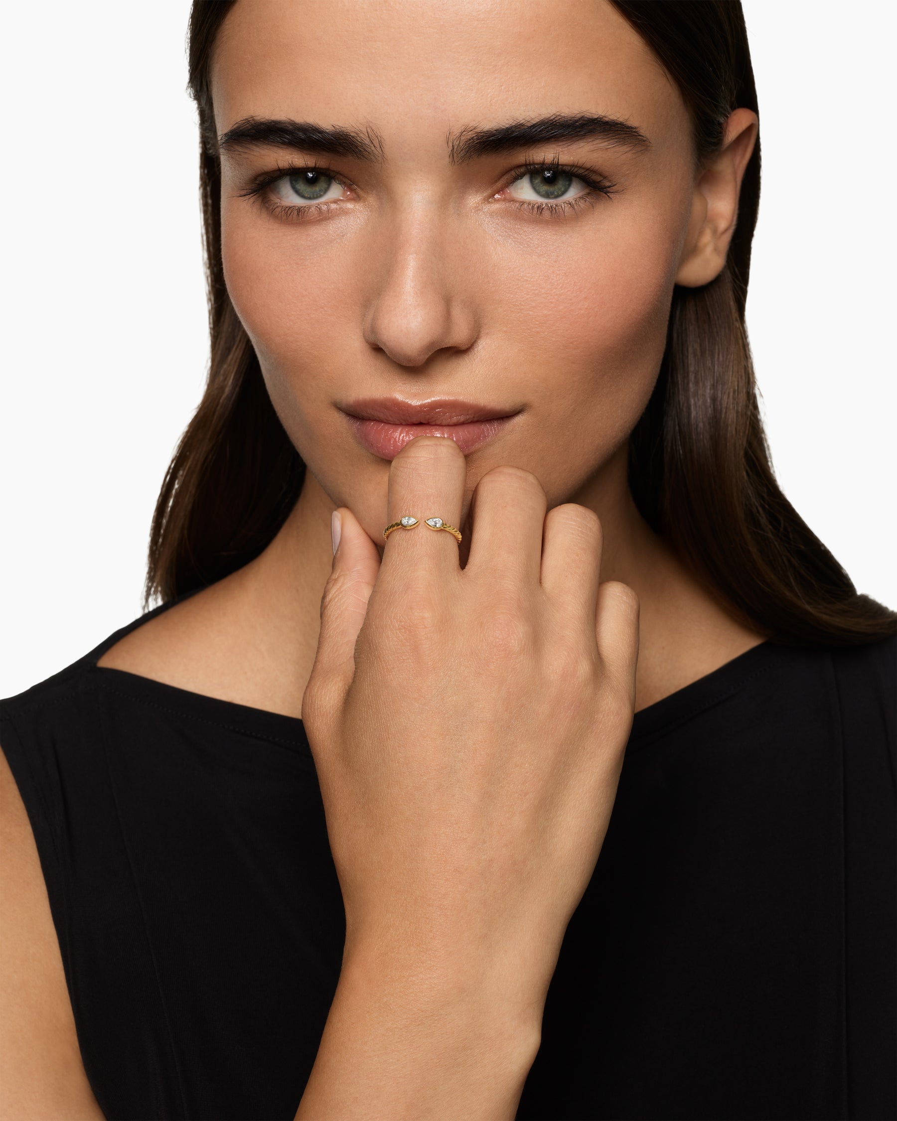 Alternative view of Cable Open Pear Ring in 18K Yellow Gold with Diamonds, 1.7mm