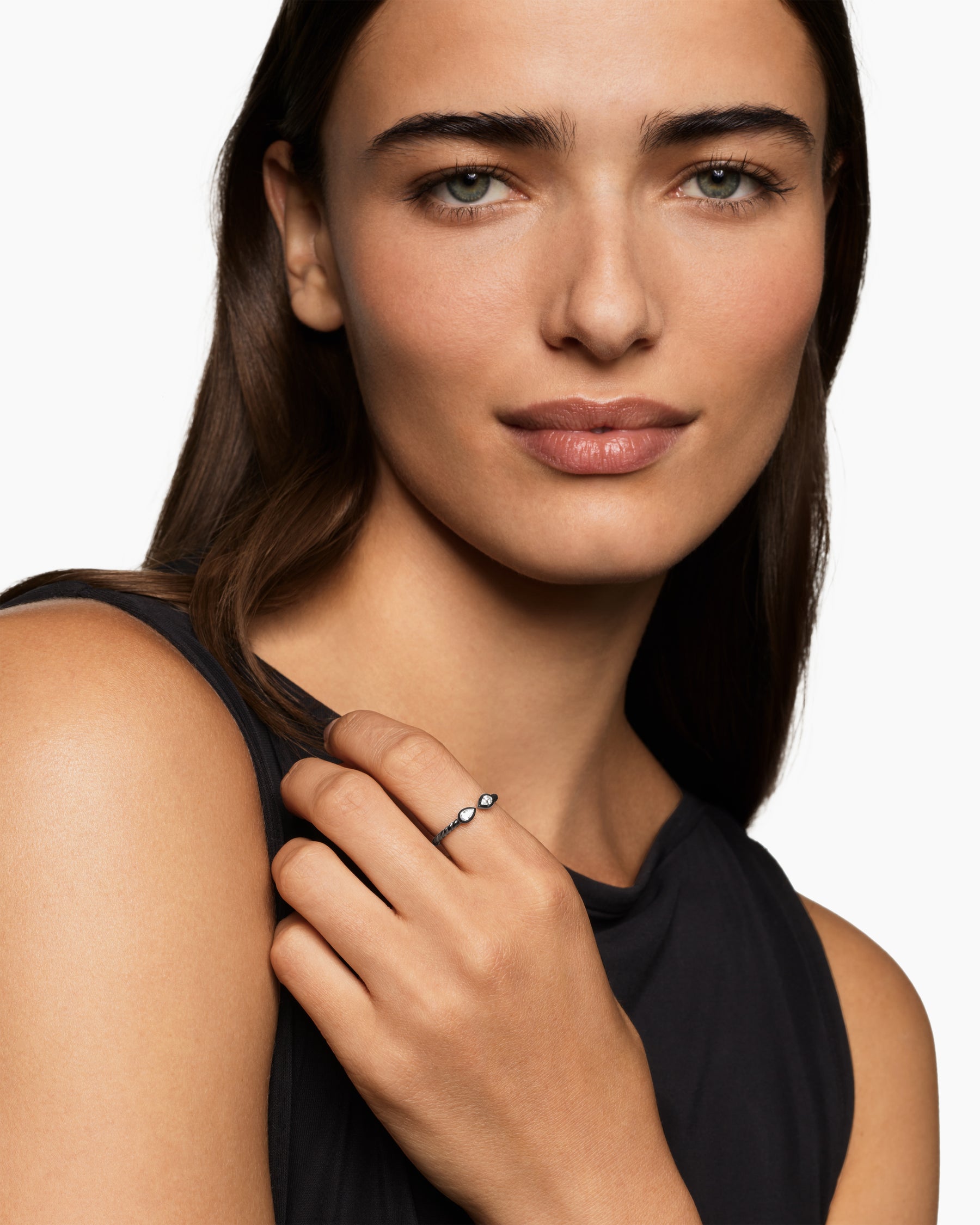 Alternative view of Cable Open Pear Ring in Black Titanium with Diamonds, 1.7mm