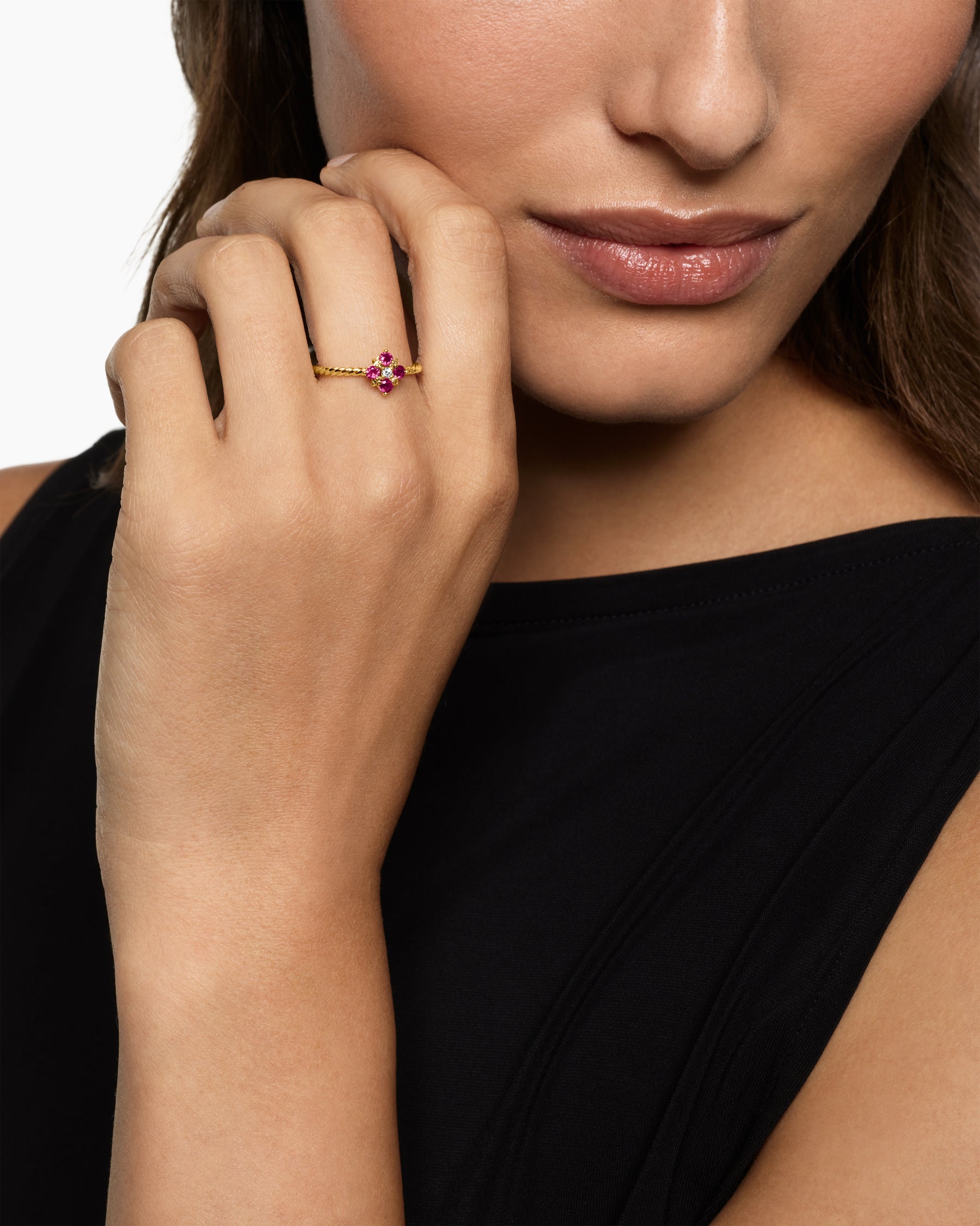 Alternative view of Petite Modern Renaissance Color Ring in 18K Yellow Gold with Rubies and Diamond, 8.7mm