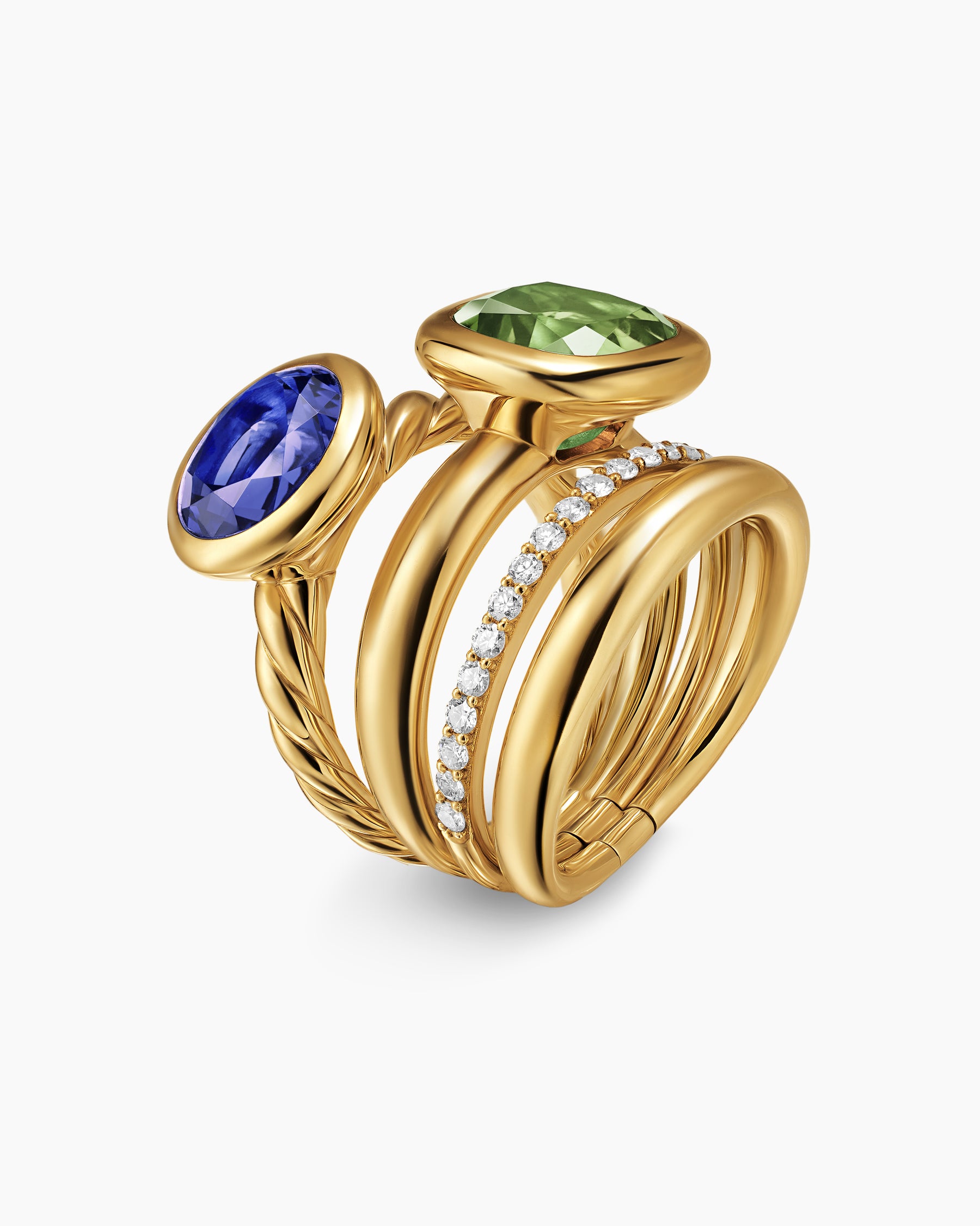 Alternative view of DY Mercer Color Two Stone Cocktail Ring in 18K Yellow Gold with Green Tourmaline, Tanzanite and Diamonds, 17.7mm