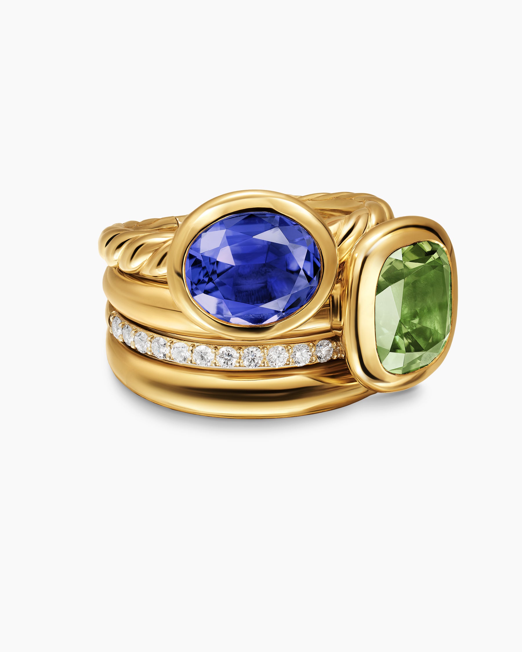 DY Mercer Color Two Stone Cocktail Ring in 18K Yellow Gold with Green Tourmaline, Tanzanite and Diamonds, 17.7mm
