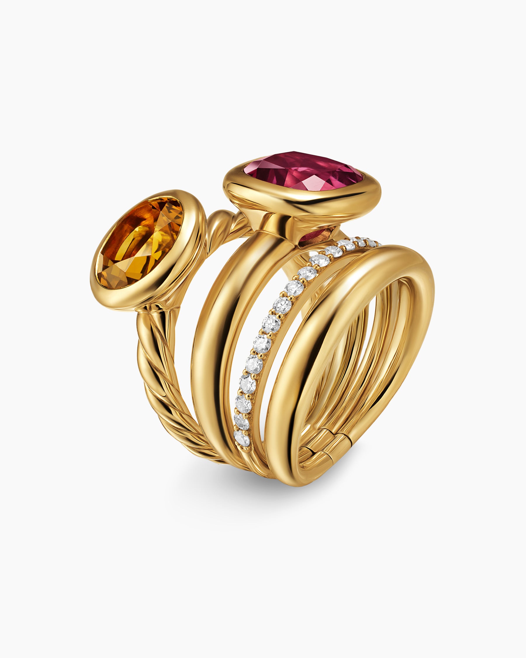 Alternative view of DY Mercer Color Two Stone Cocktail Ring in 18K Yellow Gold with Madeira Citrine, Pink Tourmaline and Diamonds, 17.7mm