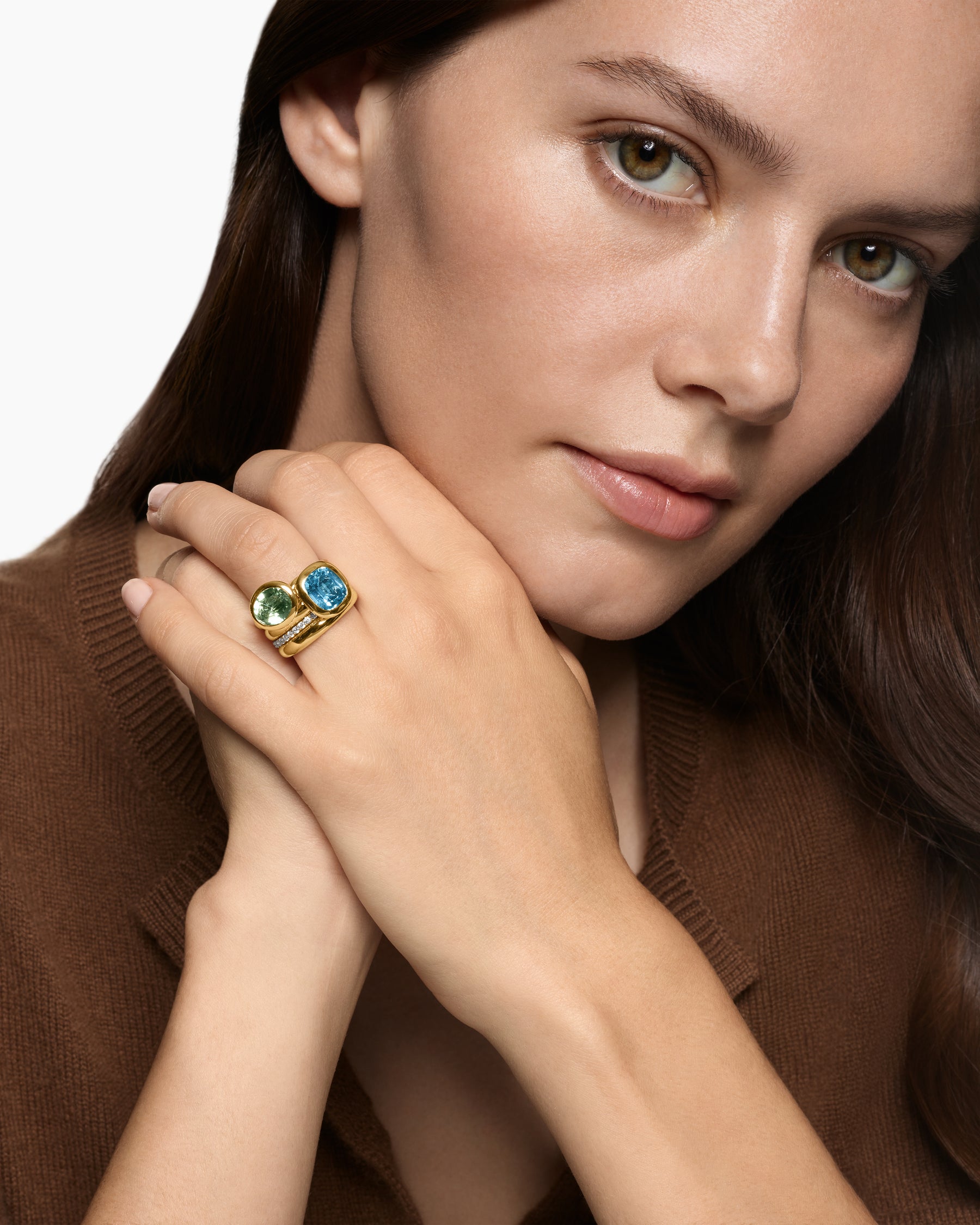 Alternative view of DY Mercer Color Two Stone Cocktail Ring in 18K Yellow Gold with Prasiolite, Sky Blue Topaz and Diamonds, 17.7mm