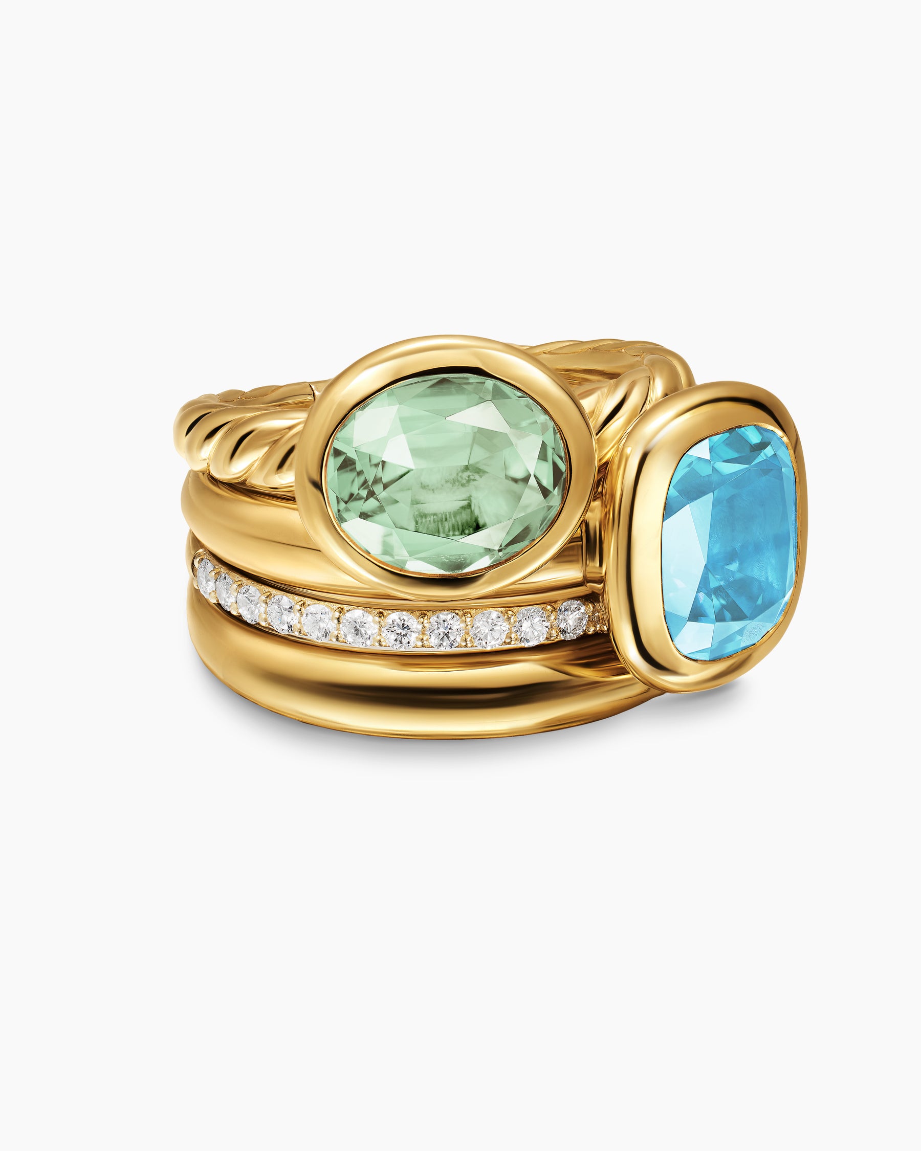 DY Mercer Color Two Stone Cocktail Ring in 18K Yellow Gold with Prasiolite, Sky Blue Topaz and Diamonds, 17.7mm