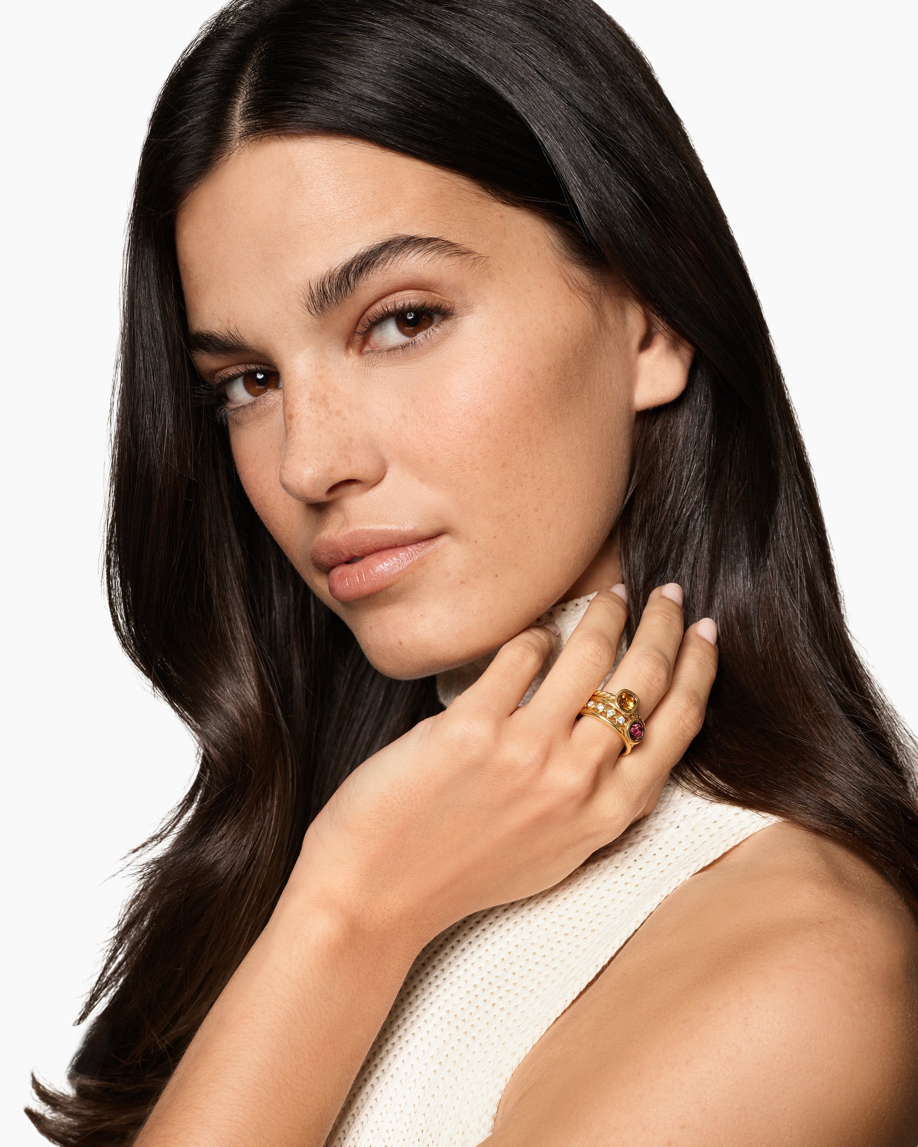 Alternative view of DY Mercer Color Stone Multi Row Ring in 18K Yellow Gold with Citrine, Pink Tourmaline and Diamonds, 10mm