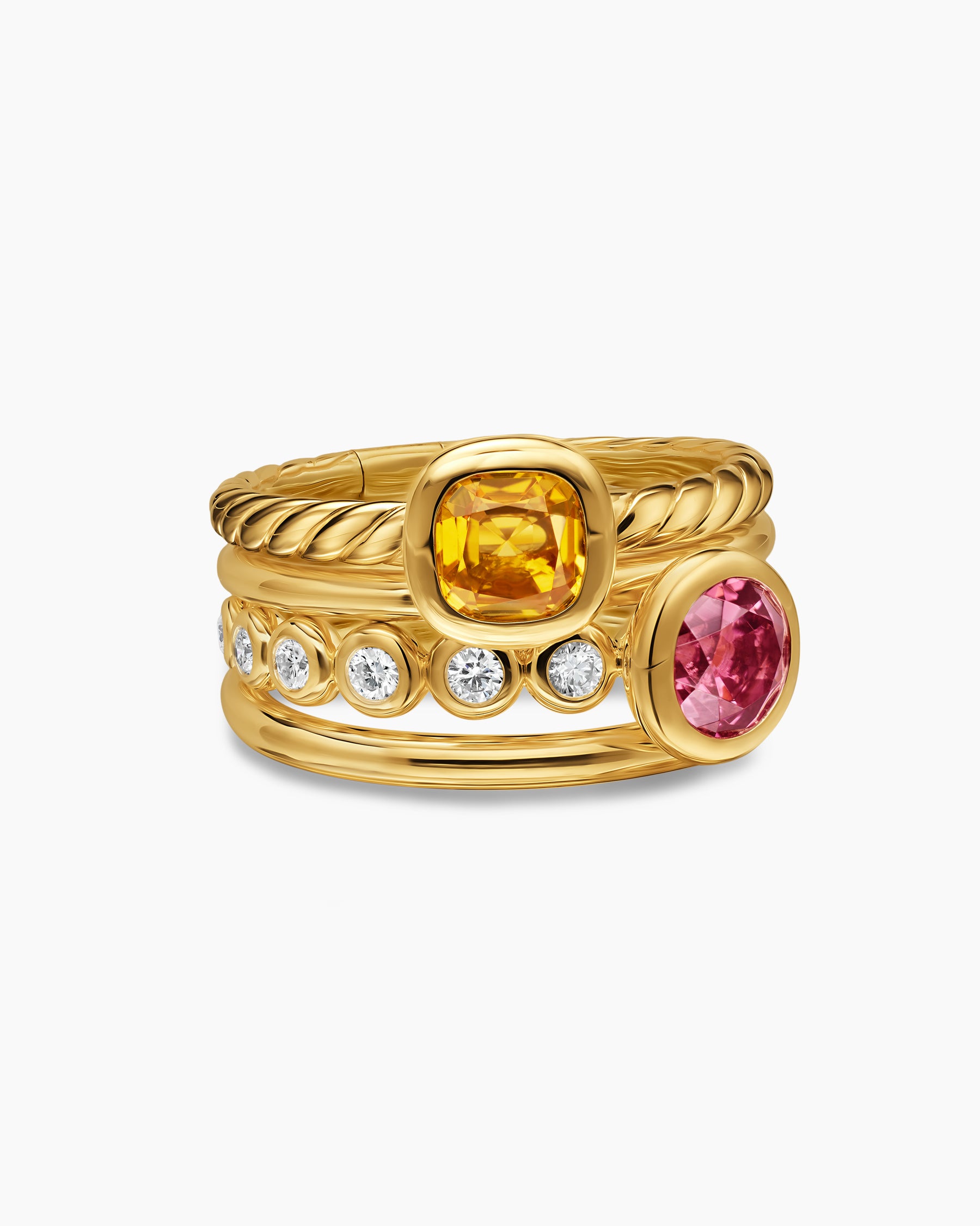 DY Mercer Color Stone Multi Row Ring in 18K Yellow Gold with Citrine, Pink Tourmaline and Diamonds, 10mm
