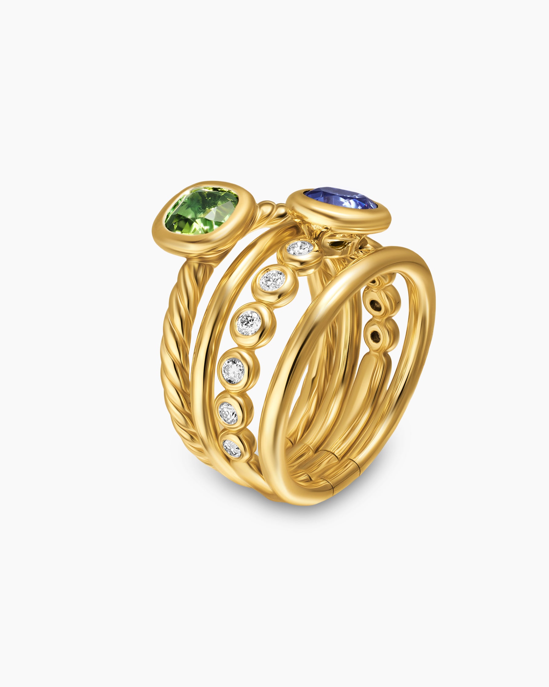 DY Mercer Color Stone Multi Row Ring in 18K Yellow Gold with Green Tourmaline, Tanzanite and Diamonds, 10mm - Image 3