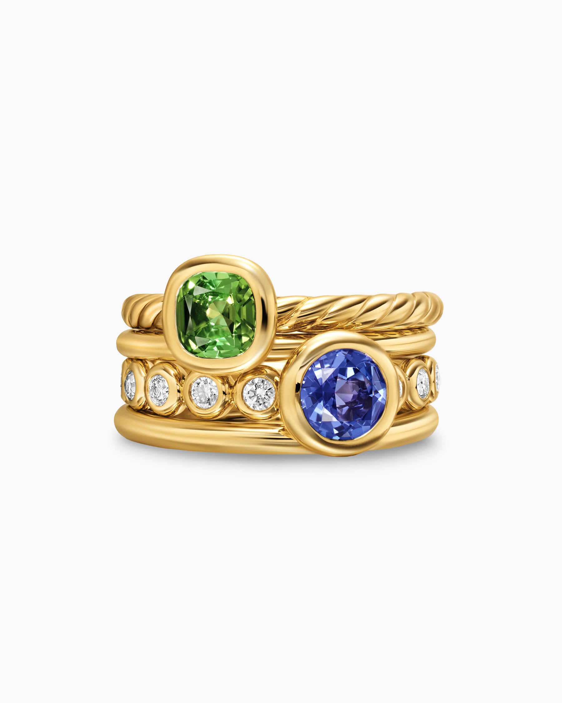 DY Mercer Color Stone Multi Row Ring in 18K Yellow Gold with Green Tourmaline, Tanzanite and Diamonds, 10mm - Image 4