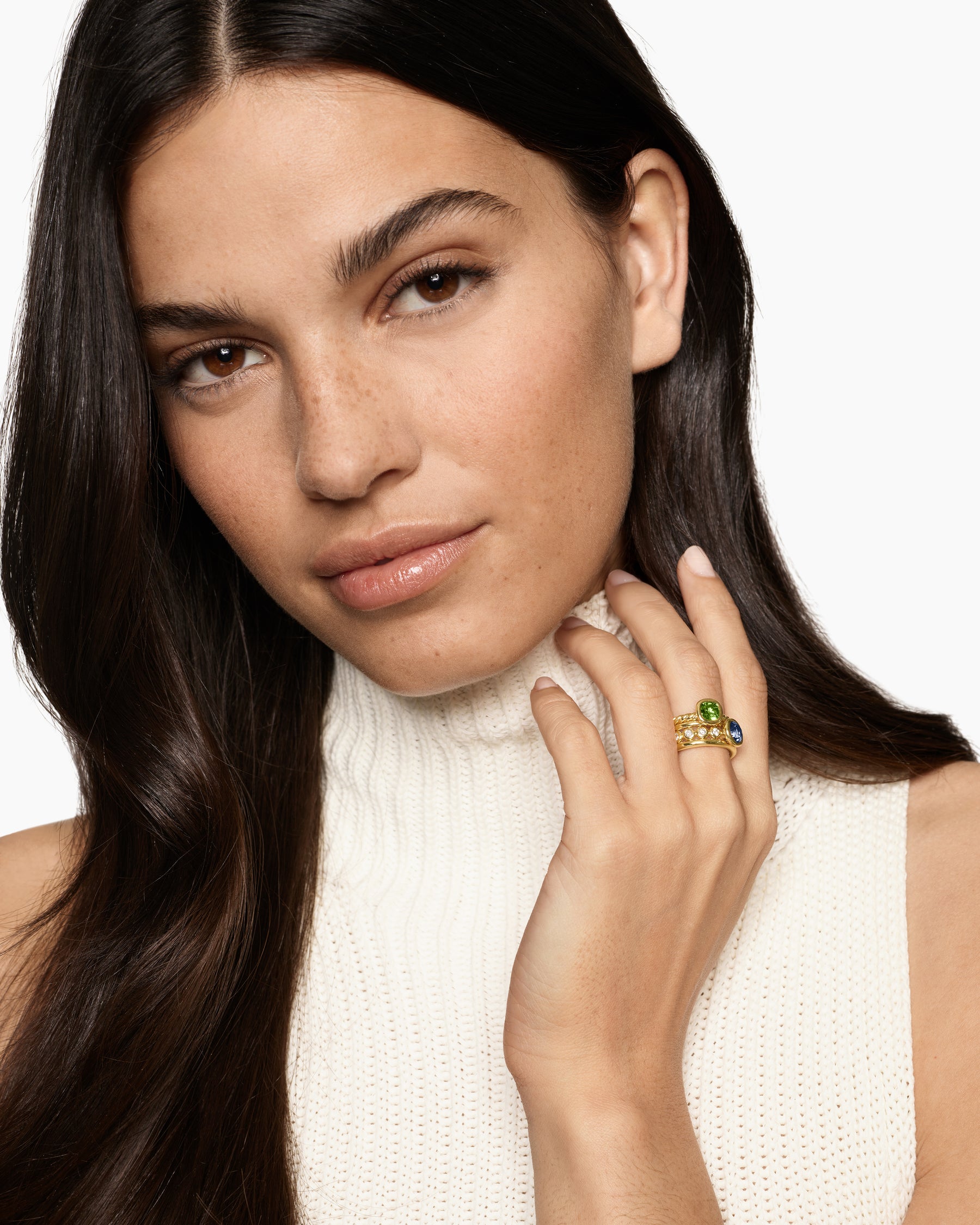 Alternative view of DY Mercer Color Stone Multi Row Ring in 18K Yellow Gold with Green Tourmaline, Tanzanite and Diamonds, 10mm