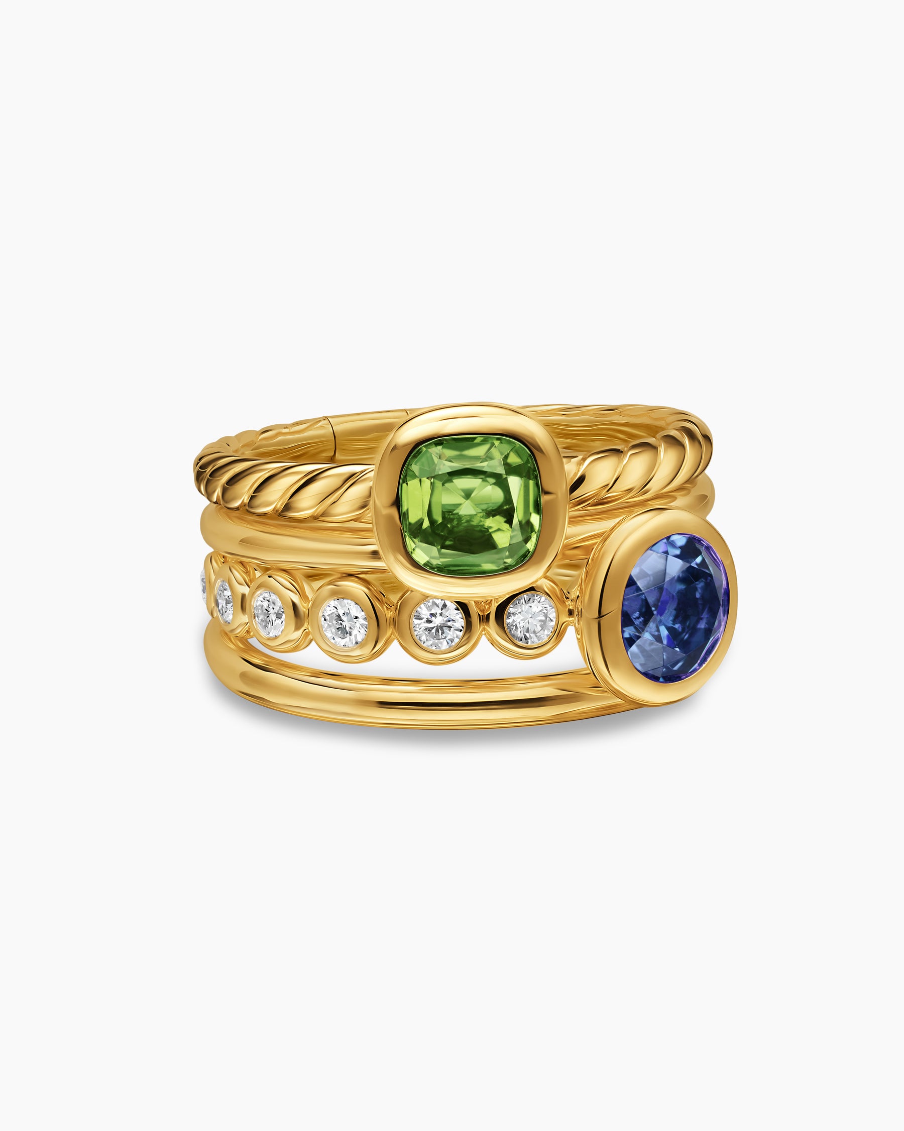 DY Mercer Color Stone Multi Row Ring in 18K Yellow Gold with Green Tourmaline, Tanzanite and Diamonds, 10mm