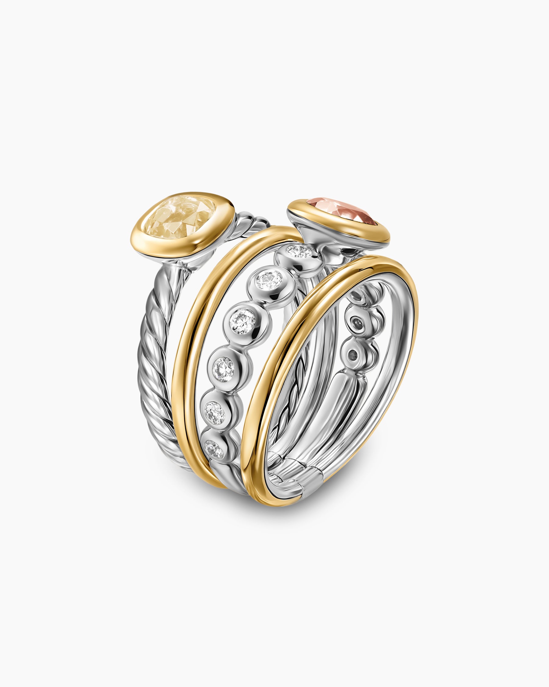 DY Mercer Color Stone Multi Row Ring in Sterling Silver with 18K Yellow Gold, Champagne Citrine, Morganite and Diamonds, 10mm - Image 3