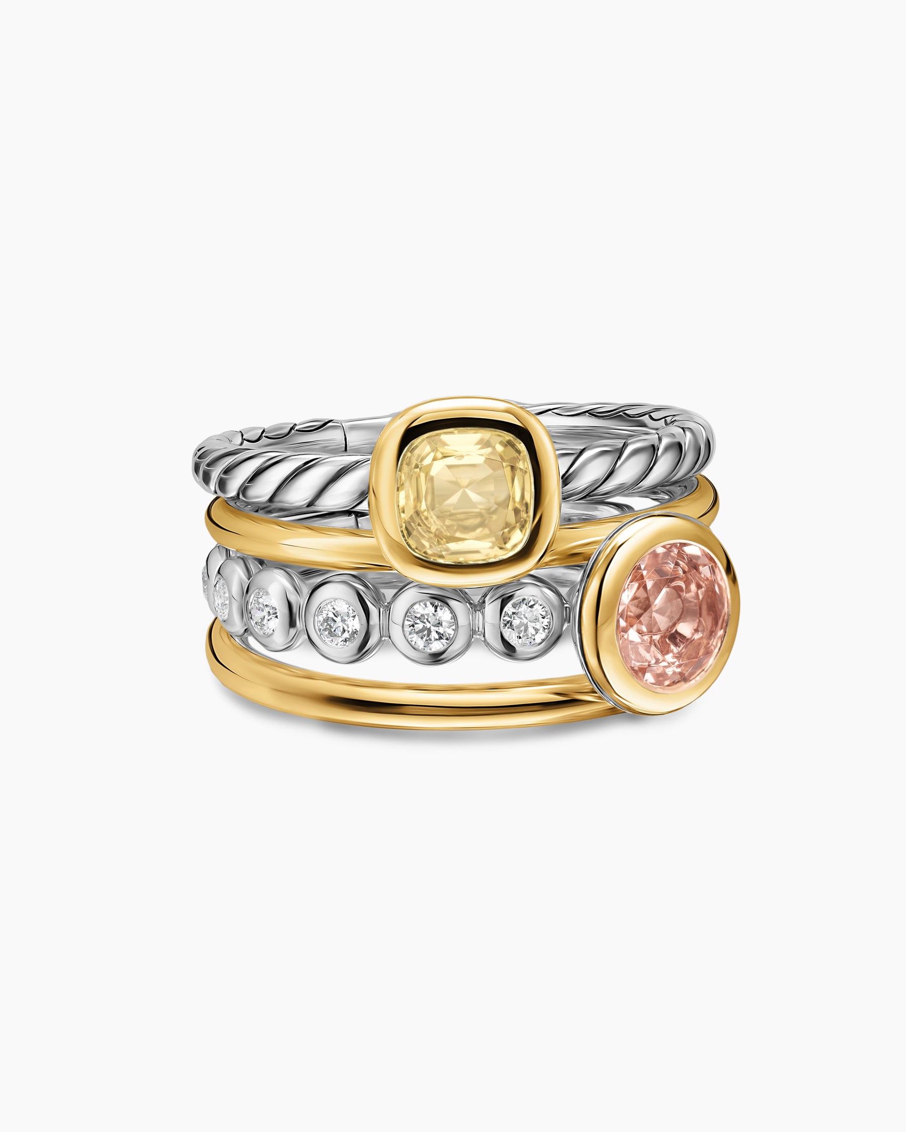 DY Mercer Color Stone Multi Row Ring in Sterling Silver with 18K Yellow Gold, Champagne Citrine, Morganite and Diamonds, 10mm