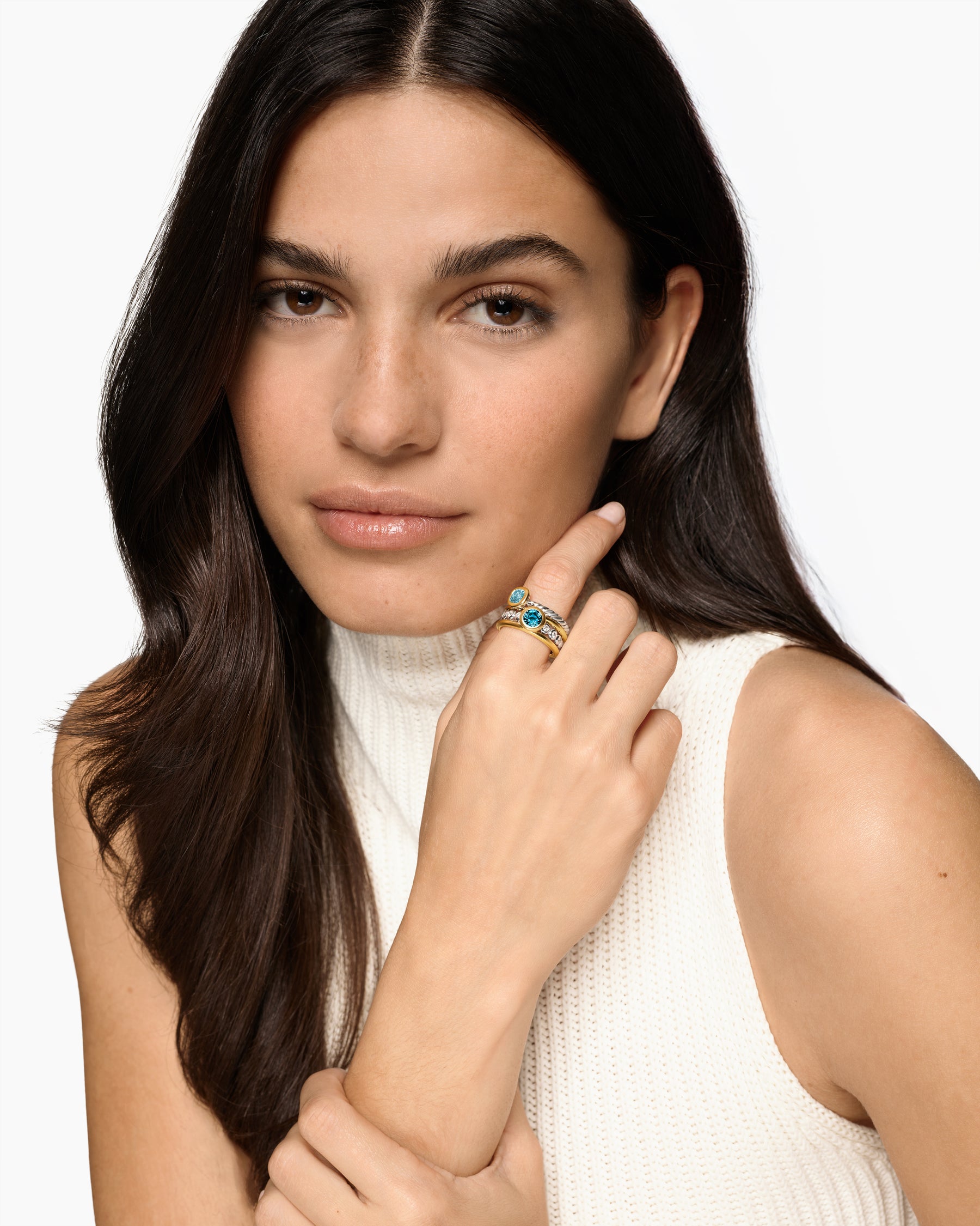 Alternative view of DY Mercer Color Stone Multi Row Ring in Sterling Silver with 18K Yellow Gold, Blue Topaz and Diamonds, 10mm