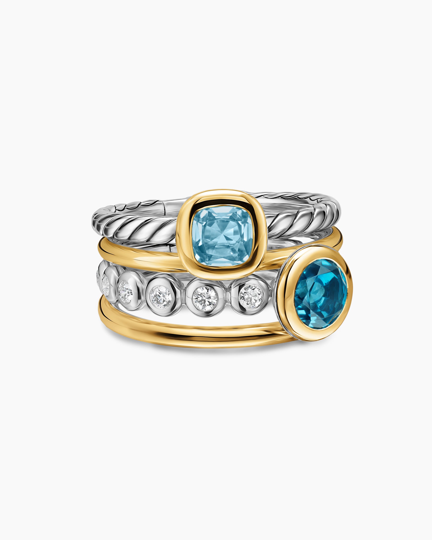 DY Mercer Color Stone Multi Row Ring in Sterling Silver with 18K Yellow Gold, Blue Topaz and Diamonds, 10mm