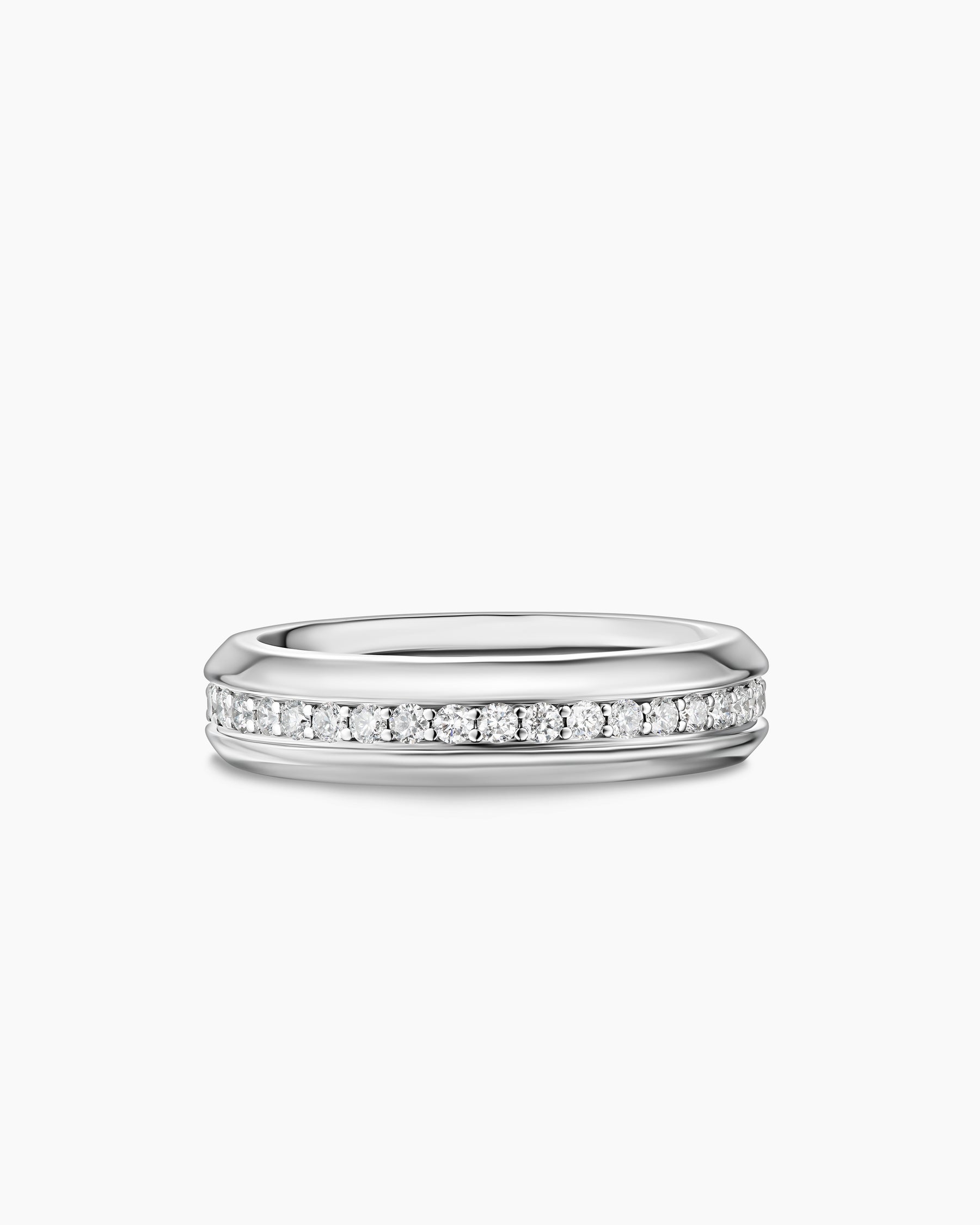 Beveled Band Ring in 18K White Gold with Diamonds, 6mm