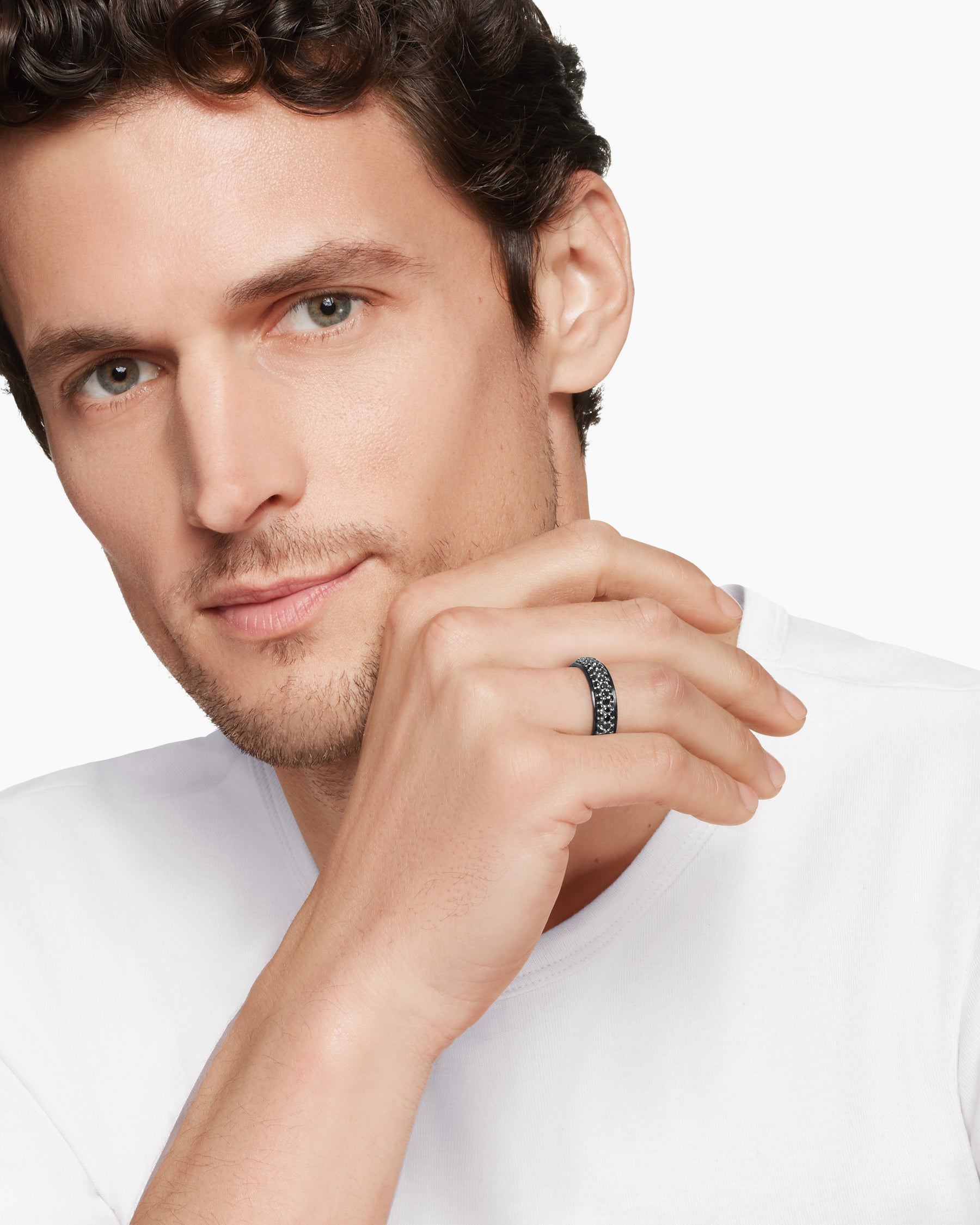 Beveled Band Ring in Black Titanium with Half Pavé Black Diamonds, 6mm - Image 8