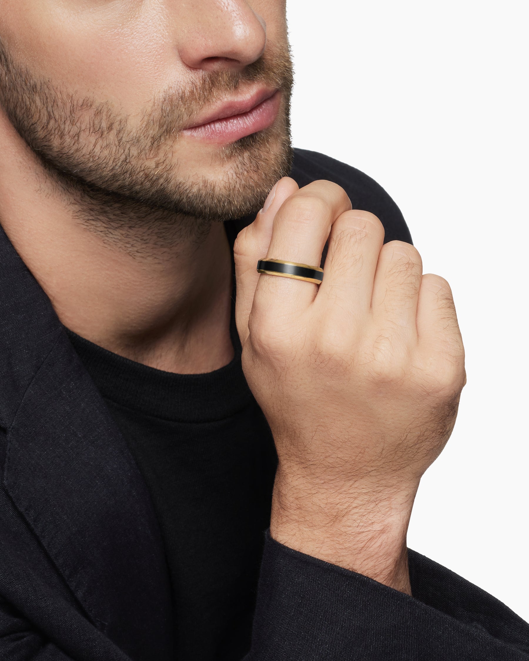 Beveled Band Ring in 18K Yellow Gold with Black Titanium, 6mm - Image 7