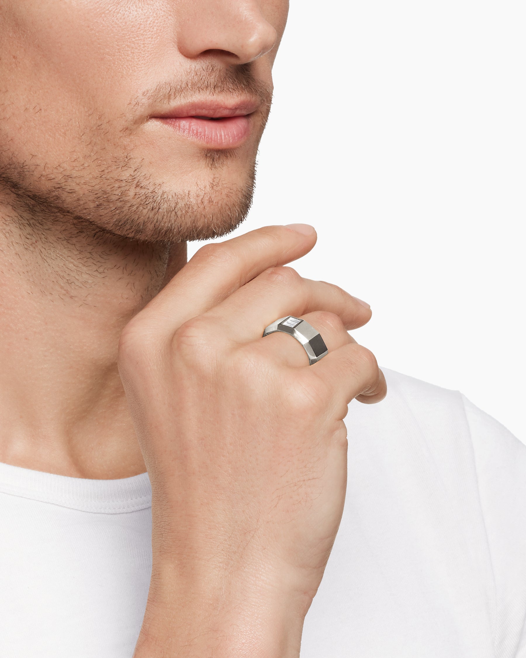 Alternative view of Faceted Band Ring in 18K White Gold with Center Diamond, 10mm