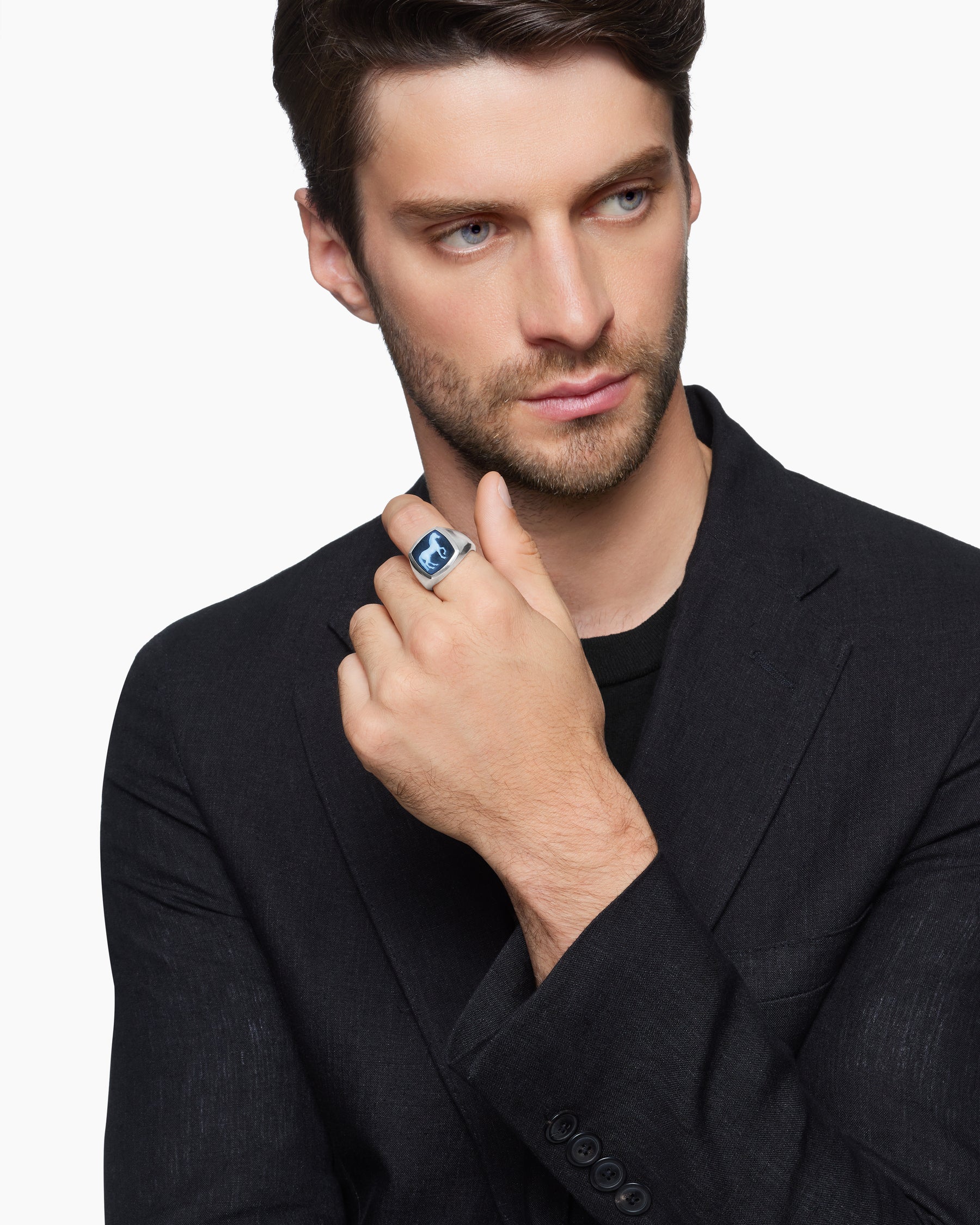 Alternative view of Petrvs Horse Signet Ring in Sterling Silver with Banded Agate, 18.3mm