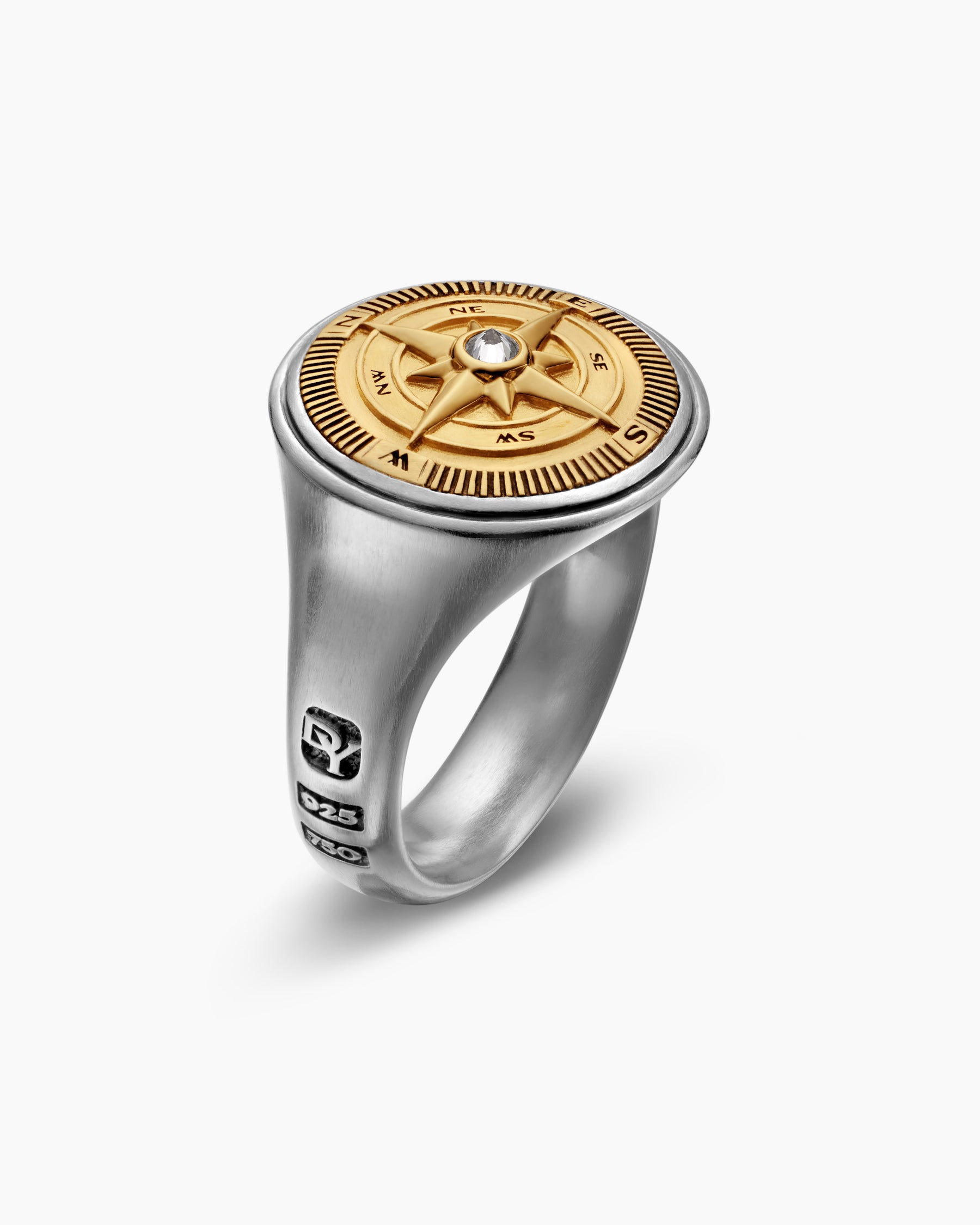 Maritime Compass Signet Ring in Sterling Silver with 18K Yellow Gold and Center Diamond, 19.4mm - Image 3