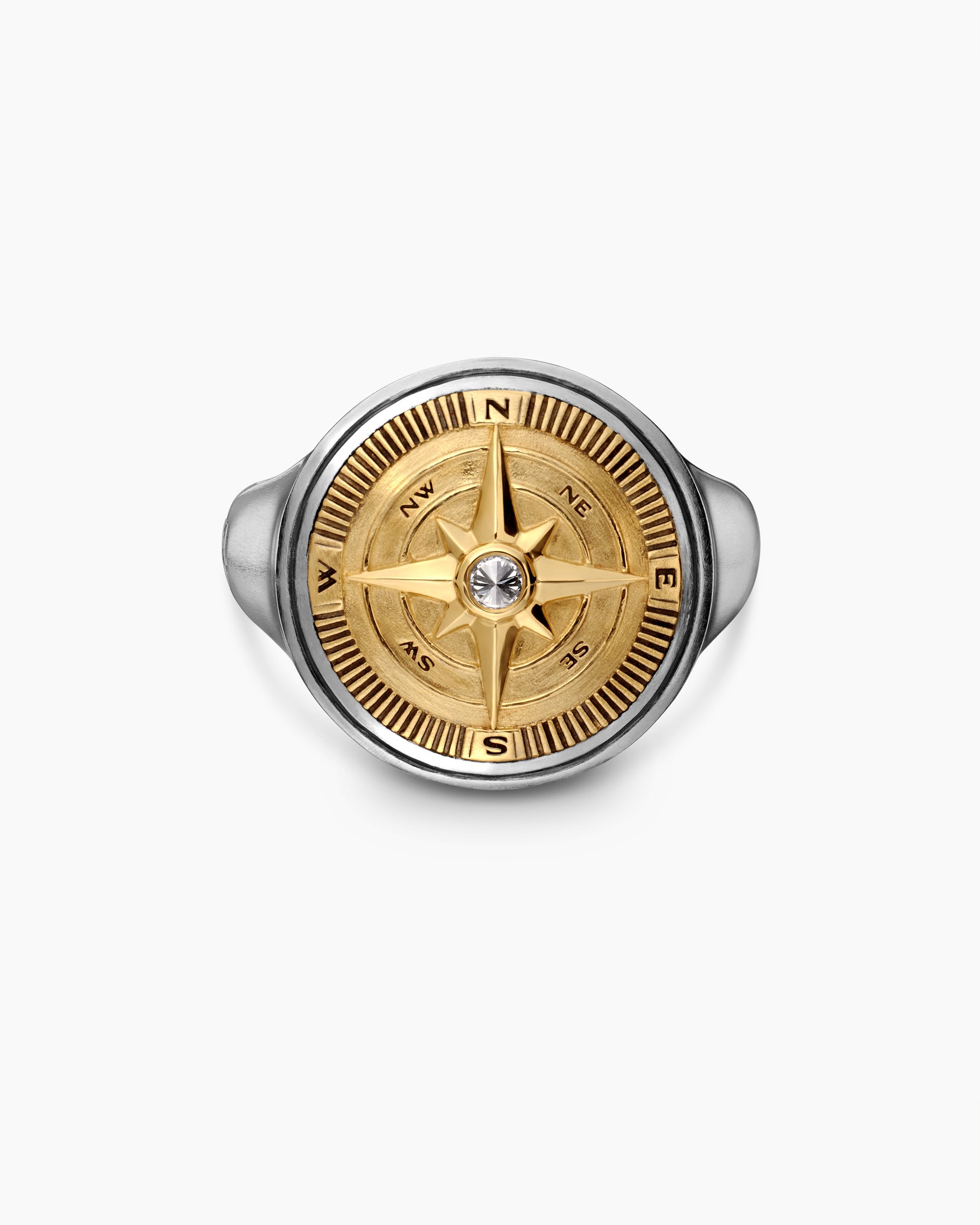 Maritime Compass Signet Ring in Sterling Silver with 18K Yellow Gold and Center Diamond, 19.4mm - Image 4