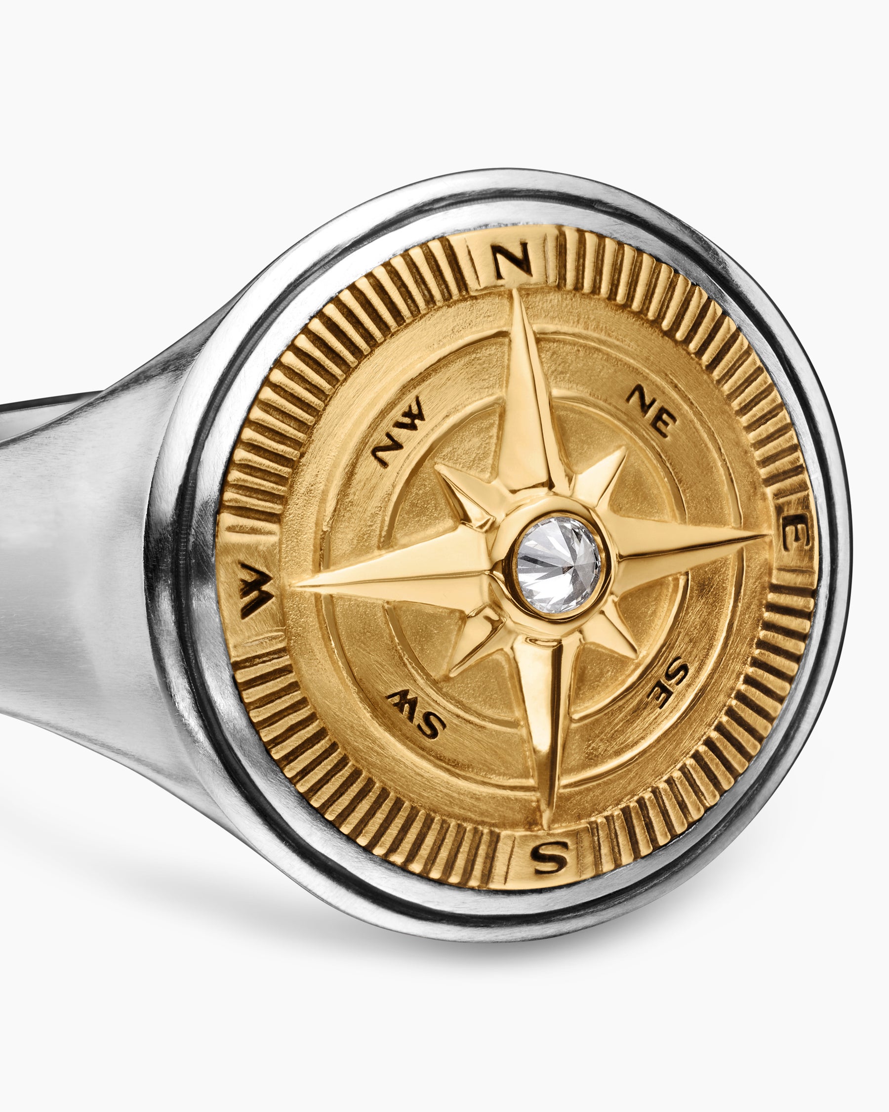 Maritime Compass Signet Ring in Sterling Silver with 18K Yellow Gold and Center Diamond, 19.4mm - Image 5