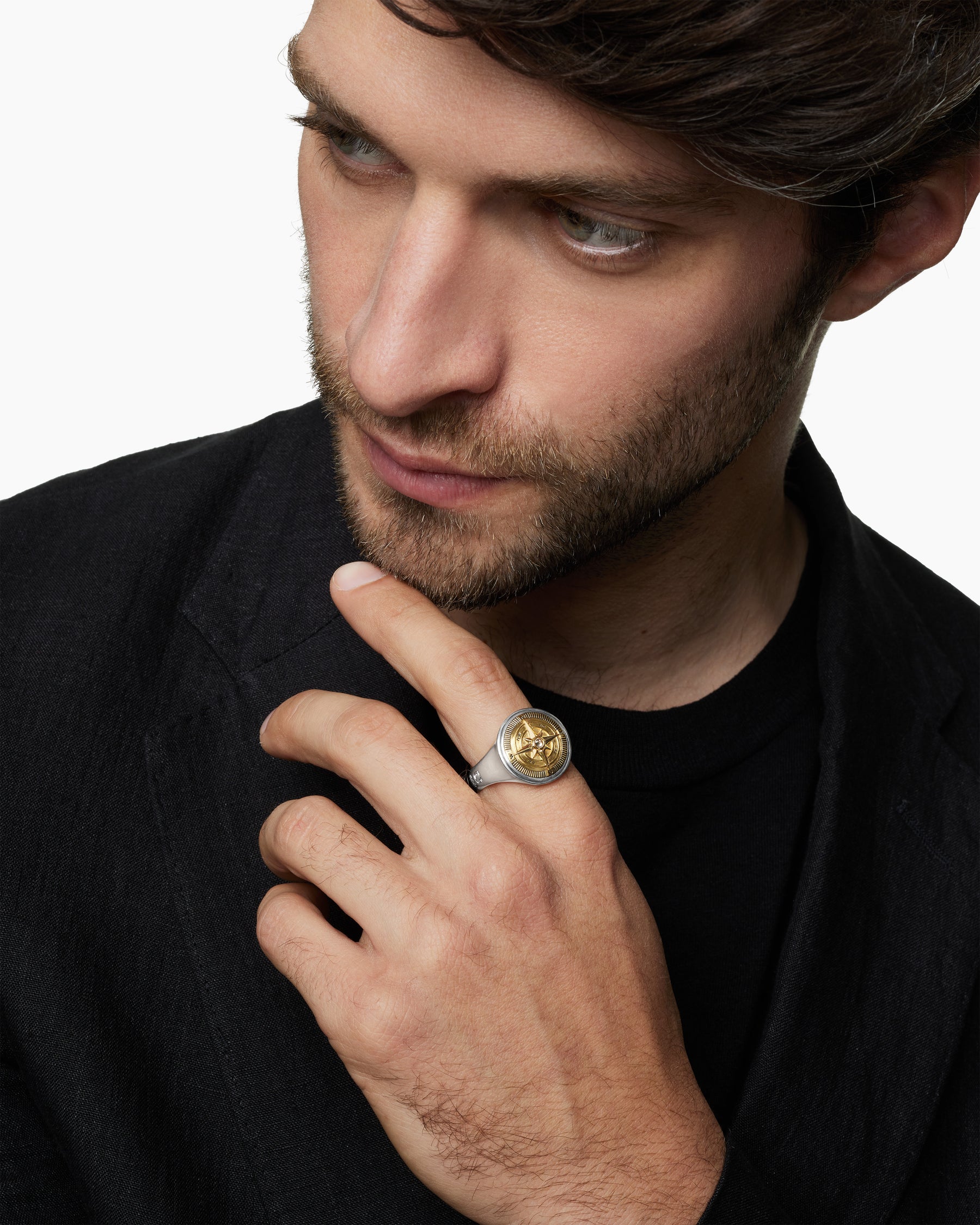 Alternative view of Maritime Compass Signet Ring in Sterling Silver with 18K Yellow Gold and Center Diamond, 19.4mm