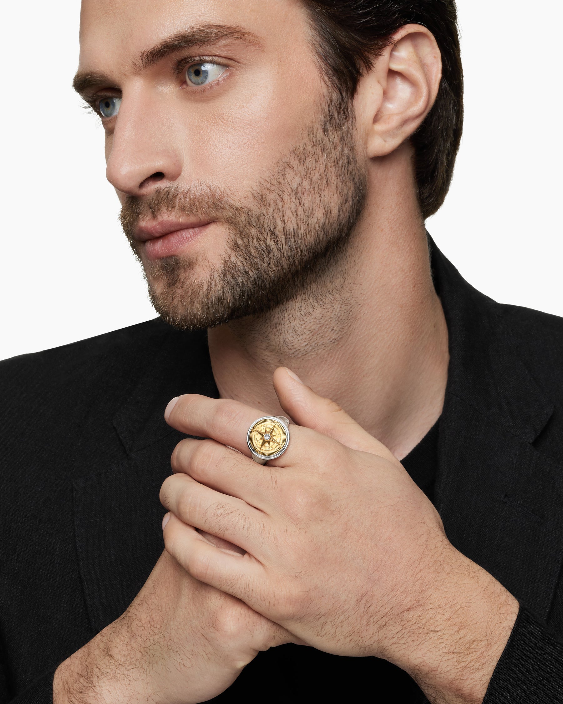 Maritime Compass Signet Ring in Sterling Silver with 18K Yellow Gold and Center Diamond, 19.4mm - Image 7