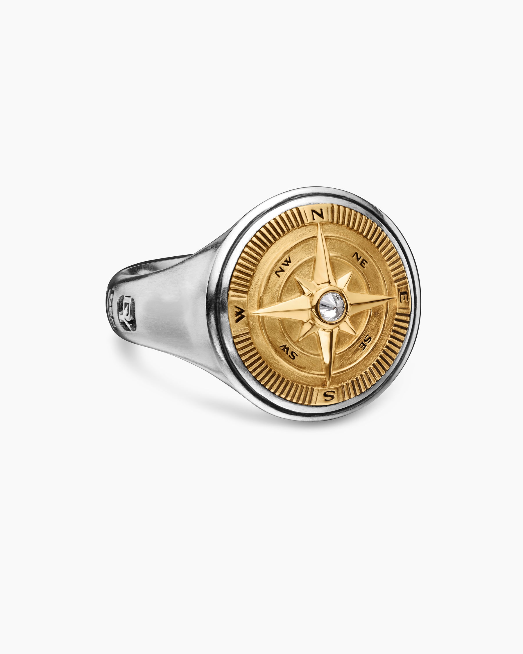 Maritime Compass Signet Ring in Sterling Silver with 18K Yellow Gold and Center Diamond, 19.4mm