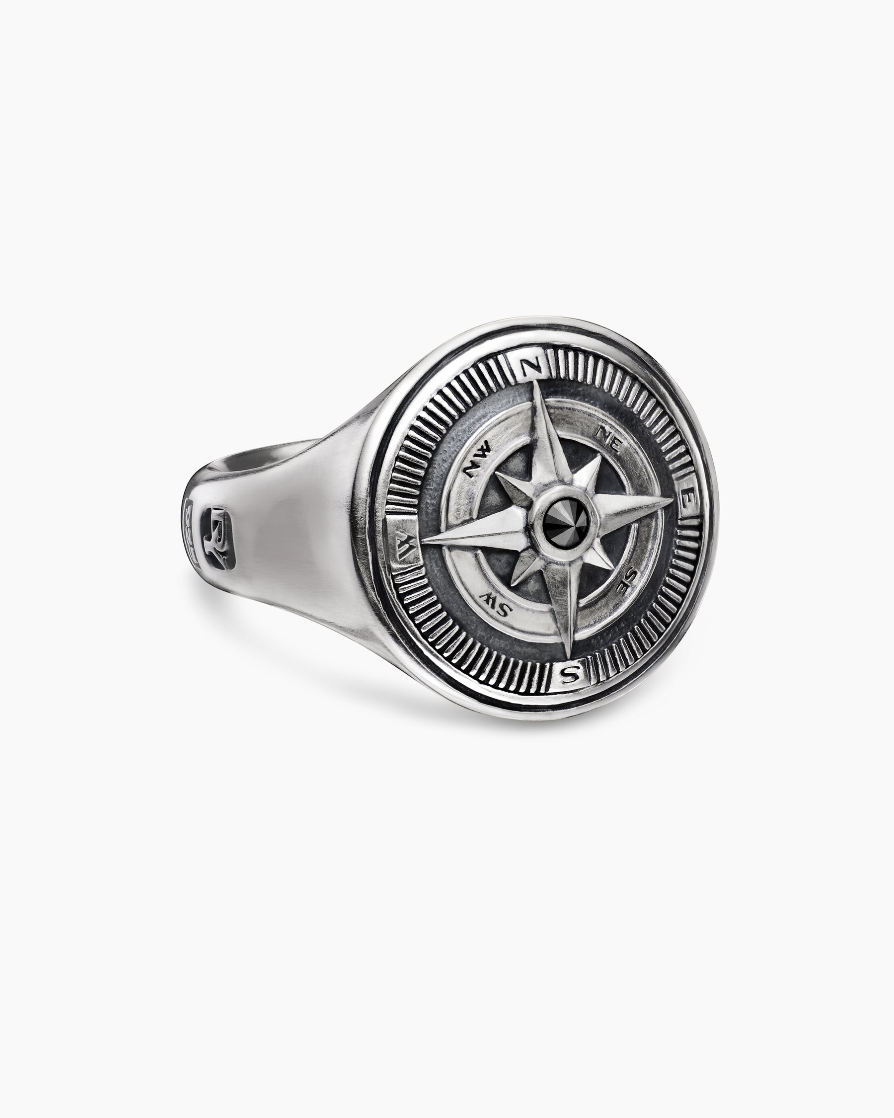 Maritime Compass Signet Ring in Sterling Silver with Center Black Diamond, 19.4mm