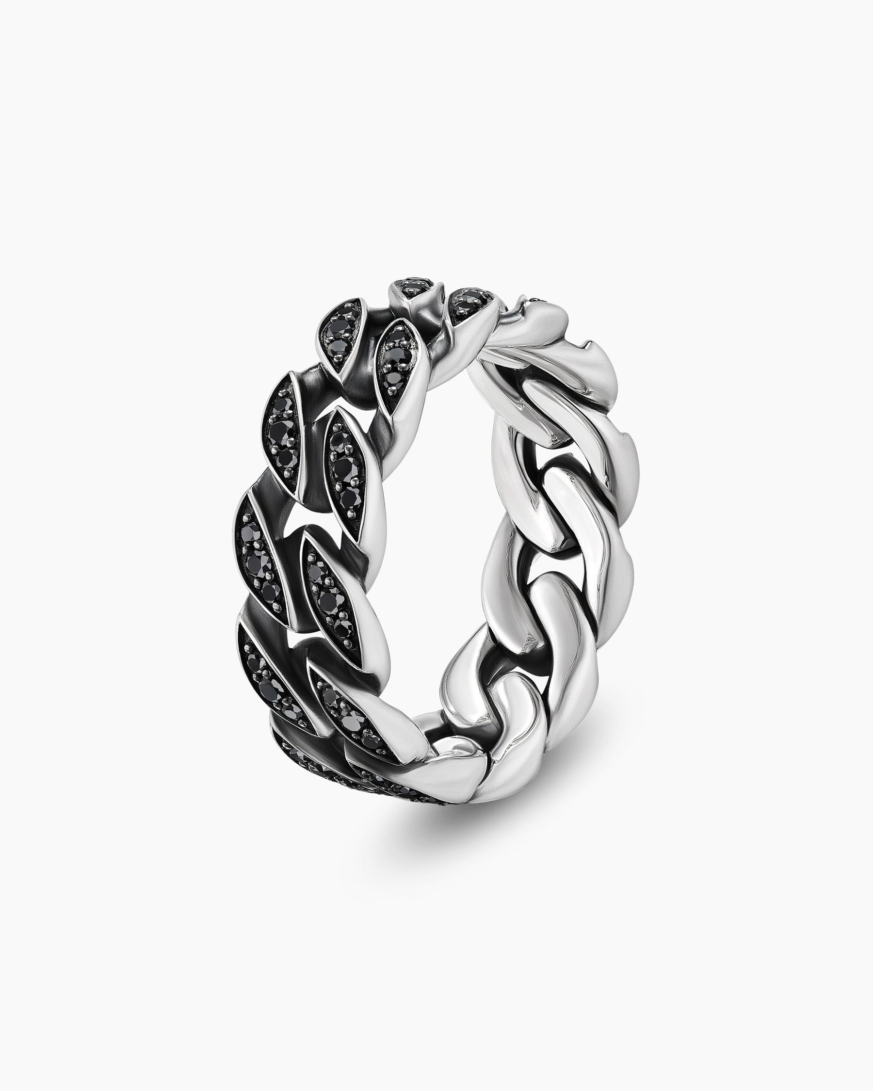 Curb Chain Band Ring in Sterling Silver with Black Diamonds, 8mm - Image 3