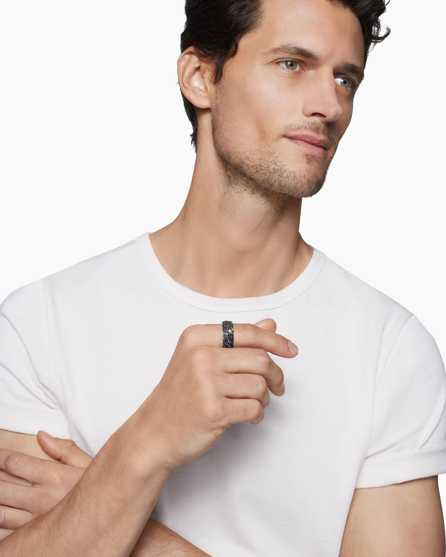 Alternative view of Sculpted Cable Pavé Band Ring in 18K White Gold with Black Diamonds, 8.5mm