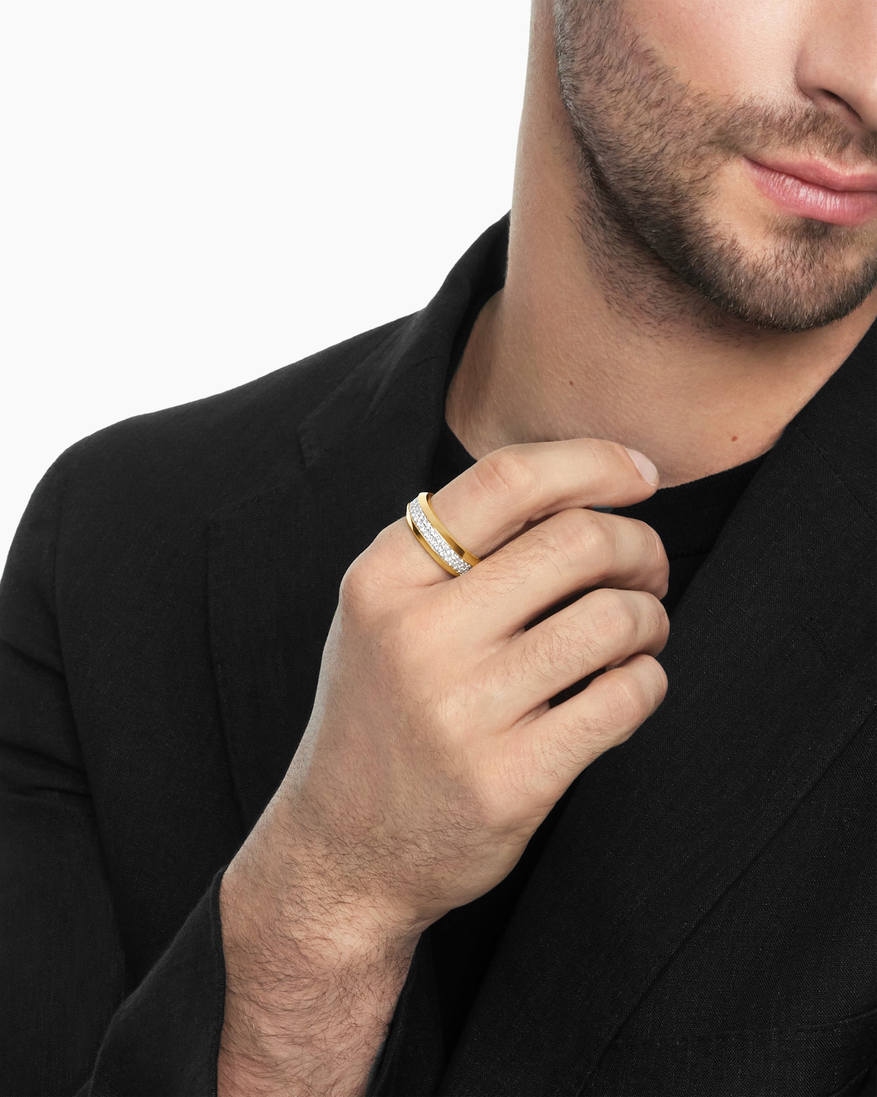 Alternative view of Beveled Two Row Band Ring in 18K Yellow Gold with Diamonds, 8mm